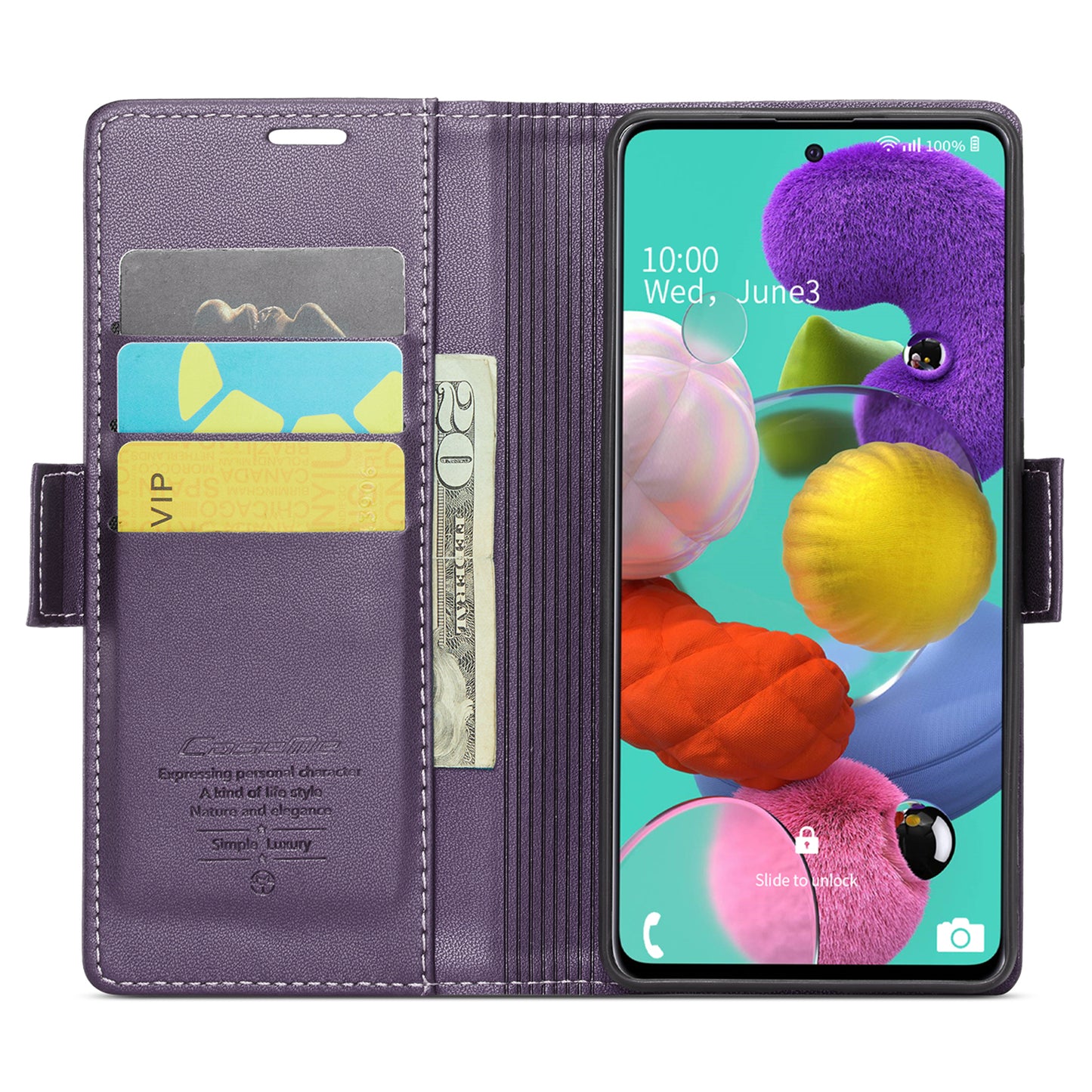 Caseme 023 Series Leather Phone Case for Samsung Galaxy A51 4G SM-A515 / M40S , Stand RFID Blocking Wallet Flip Cover - Purple