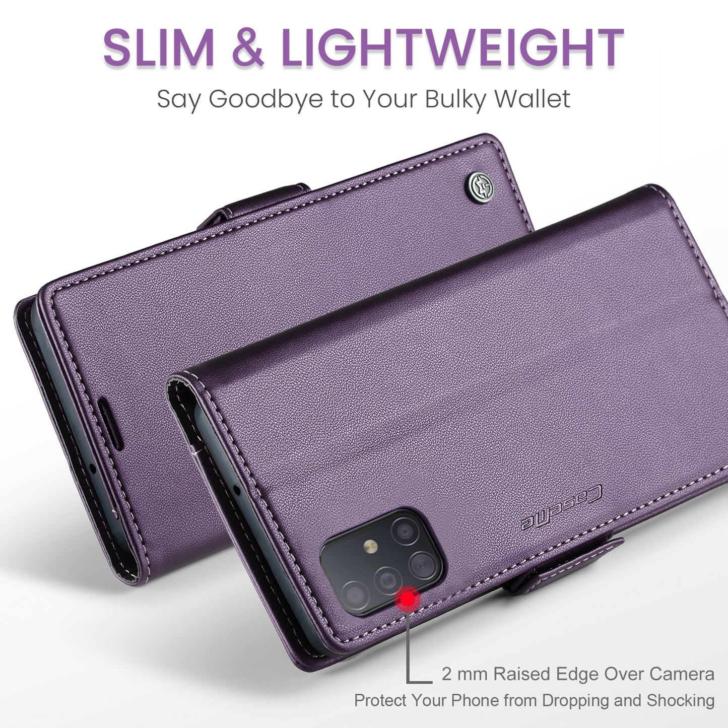 Caseme 023 Series Leather Phone Case for Samsung Galaxy A51 4G SM-A515 / M40S , Stand RFID Blocking Wallet Flip Cover - Purple