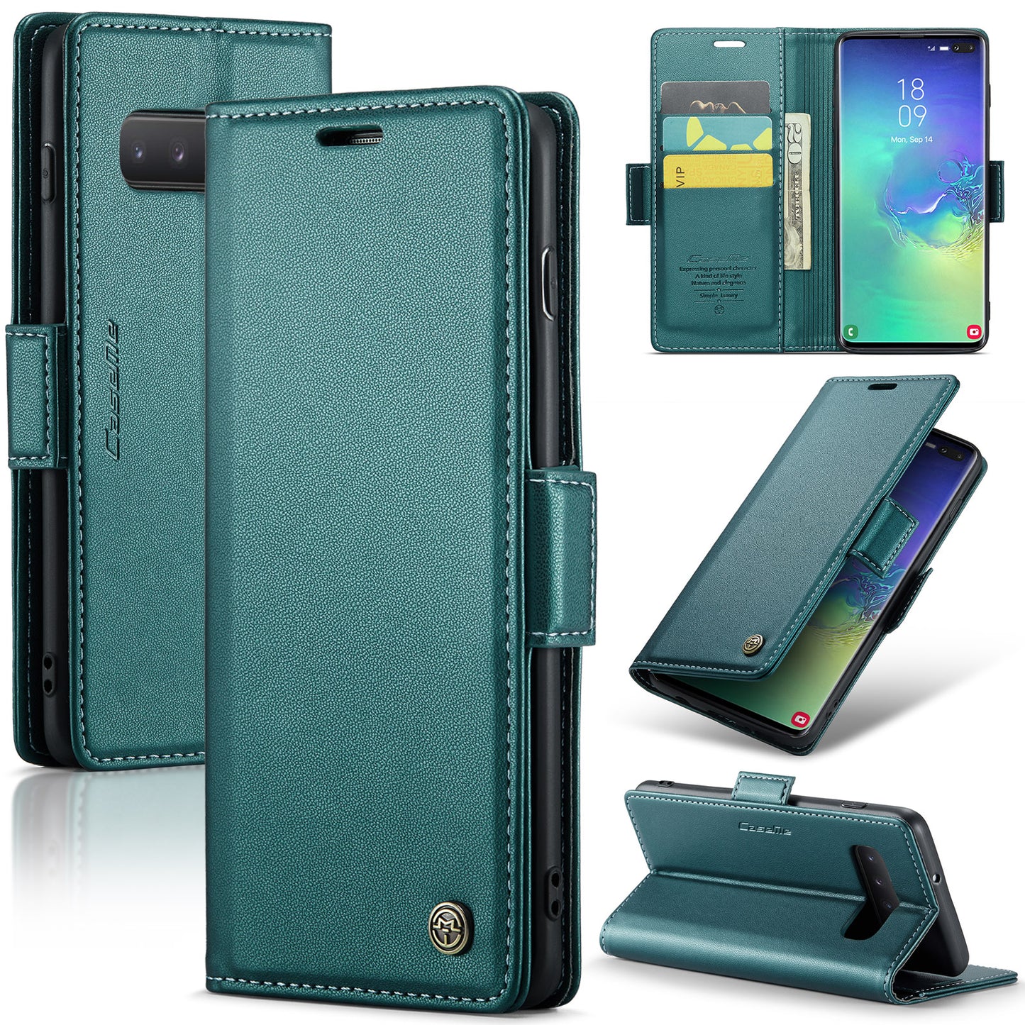 Caseme 023 Series For Samsung Galaxy S10 Plus RFID Blocking Leather Case Wallet Stand Phone Cover - Green