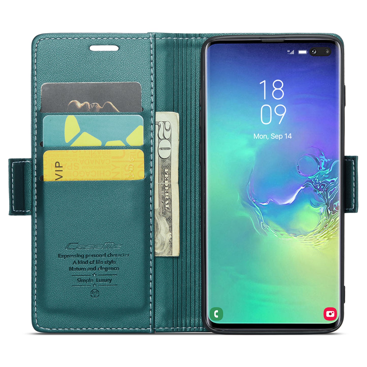 Caseme 023 Series For Samsung Galaxy S10 Plus RFID Blocking Leather Case Wallet Stand Phone Cover - Green