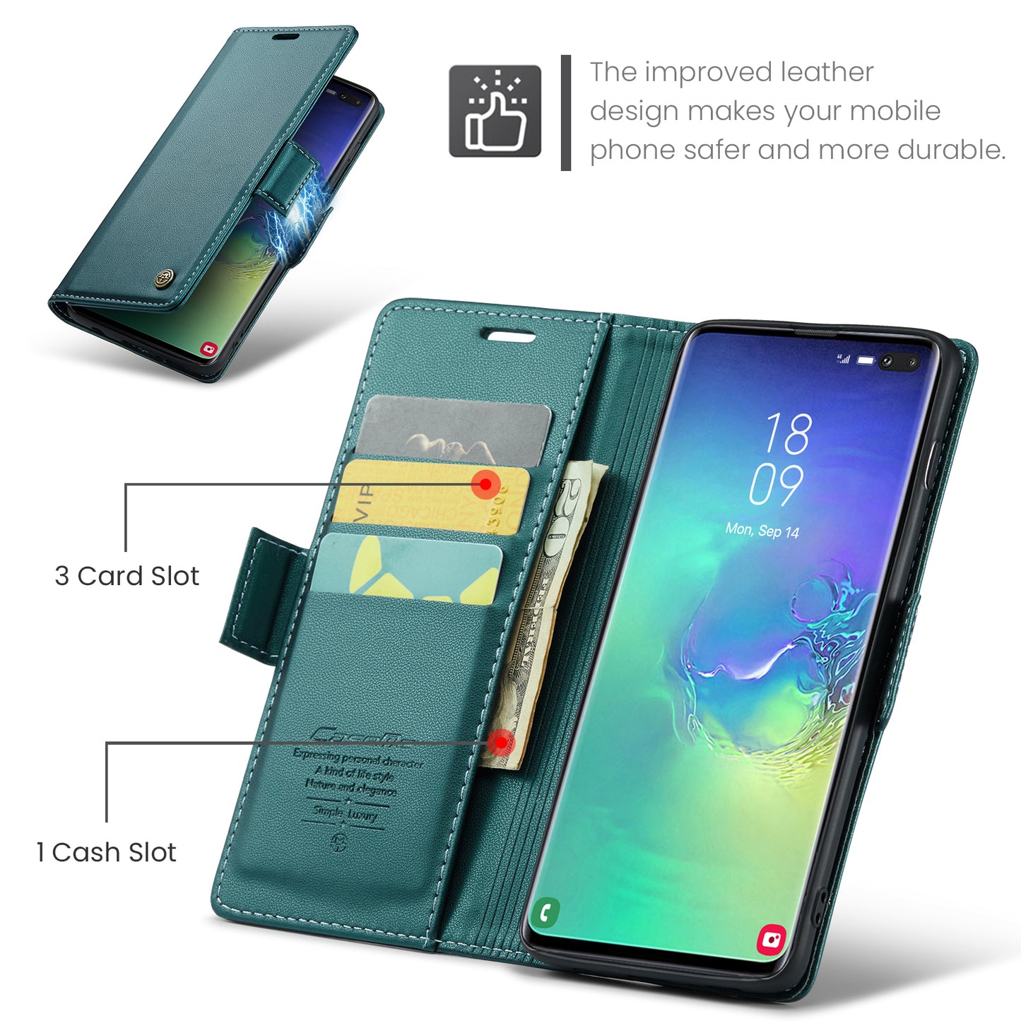 Caseme 023 Series For Samsung Galaxy S10 Plus RFID Blocking Leather Case Wallet Stand Phone Cover - Green