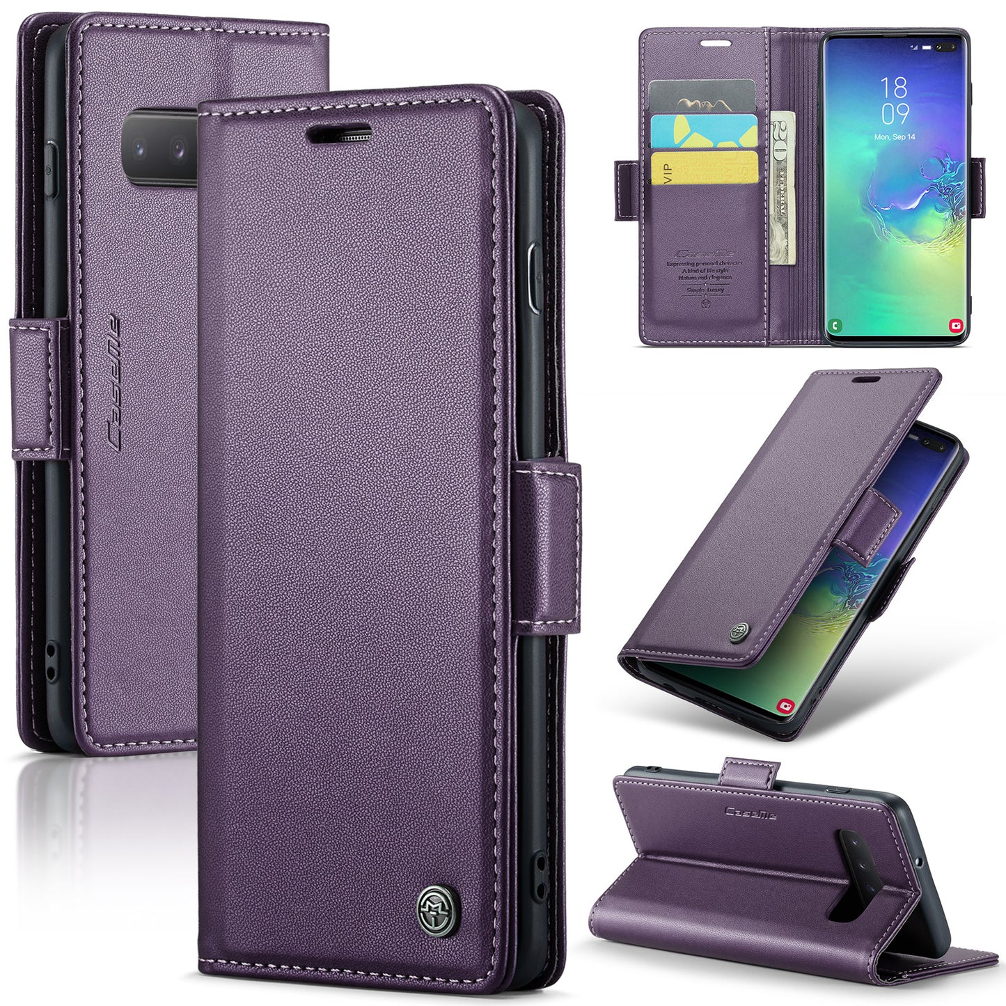 Caseme 023 Series For Samsung Galaxy S10 Plus RFID Blocking Leather Case Wallet Stand Phone Cover - Purple
