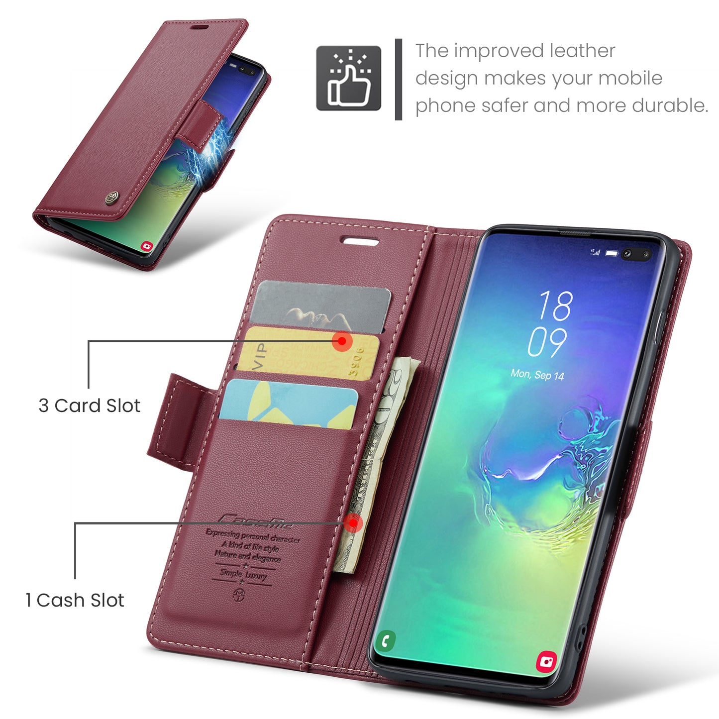 Caseme 023 Series For Samsung Galaxy S10 Plus RFID Blocking Leather Case Wallet Stand Phone Cover - Red