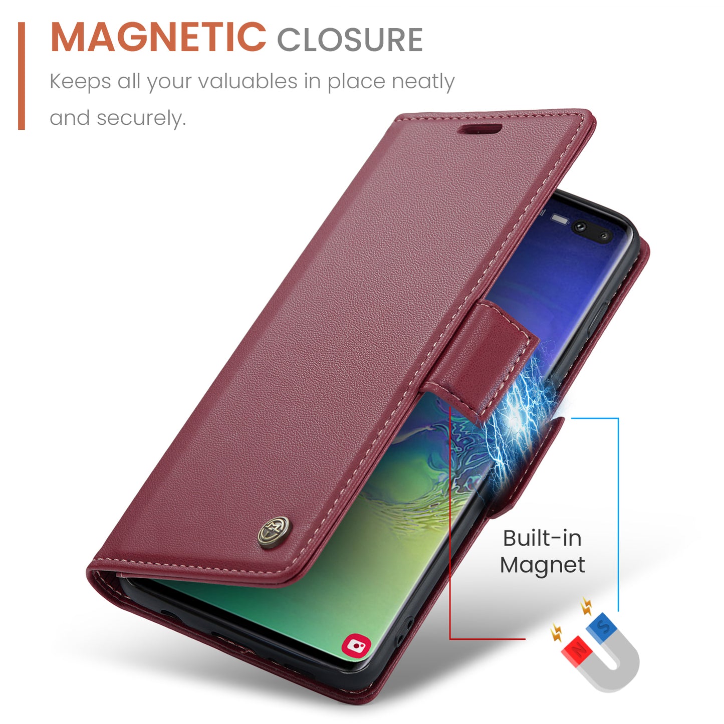 Caseme 023 Series For Samsung Galaxy S10 Plus RFID Blocking Leather Case Wallet Stand Phone Cover - Red
