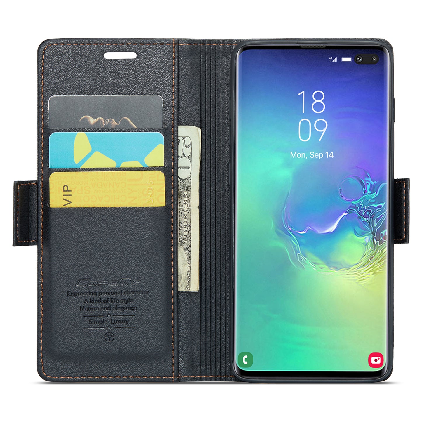 Caseme 023 Series For Samsung Galaxy S10 Plus RFID Blocking Leather Case Wallet Stand Phone Cover - Black