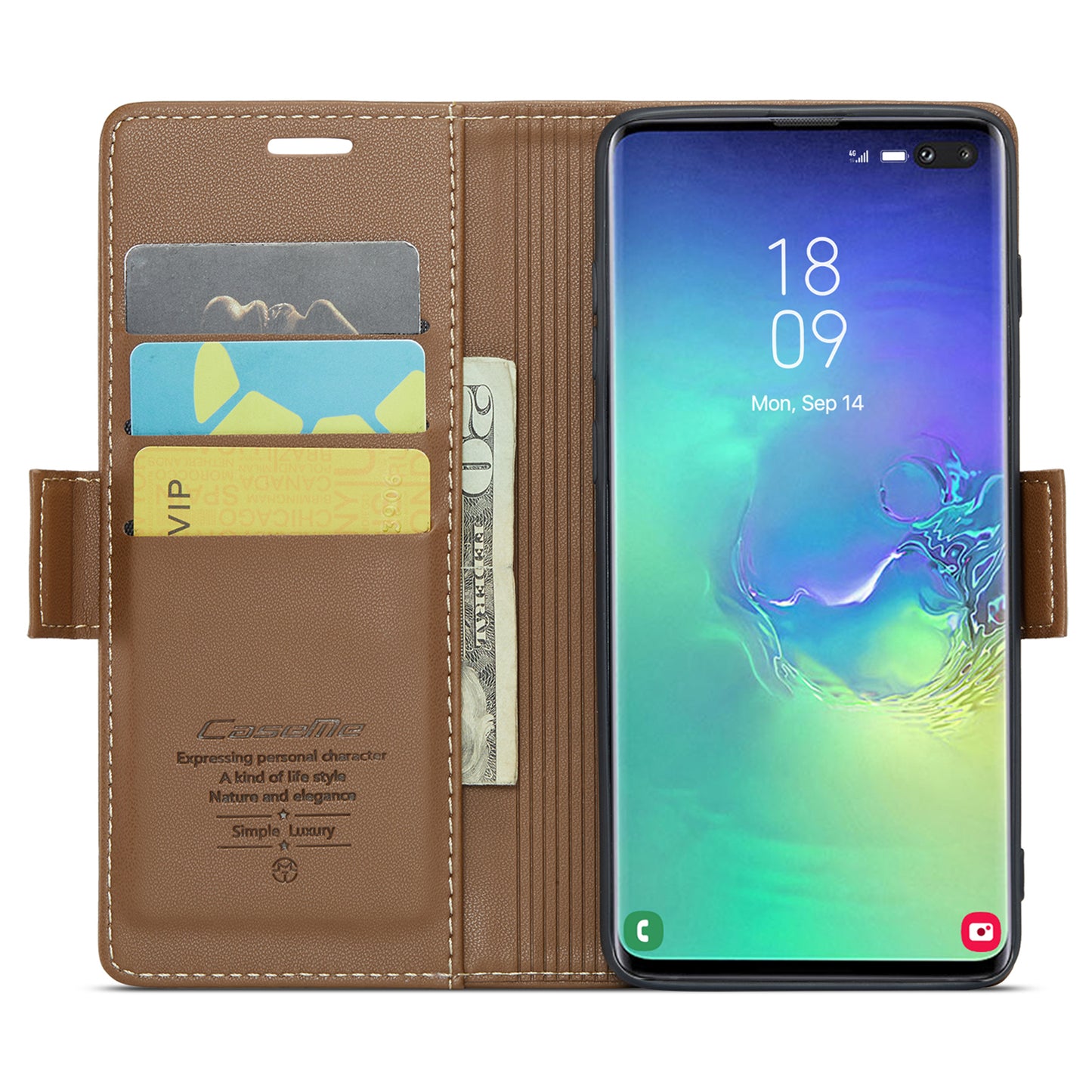 Caseme 023 Series For Samsung Galaxy S10 Plus RFID Blocking Leather Case Wallet Stand Phone Cover - Brown