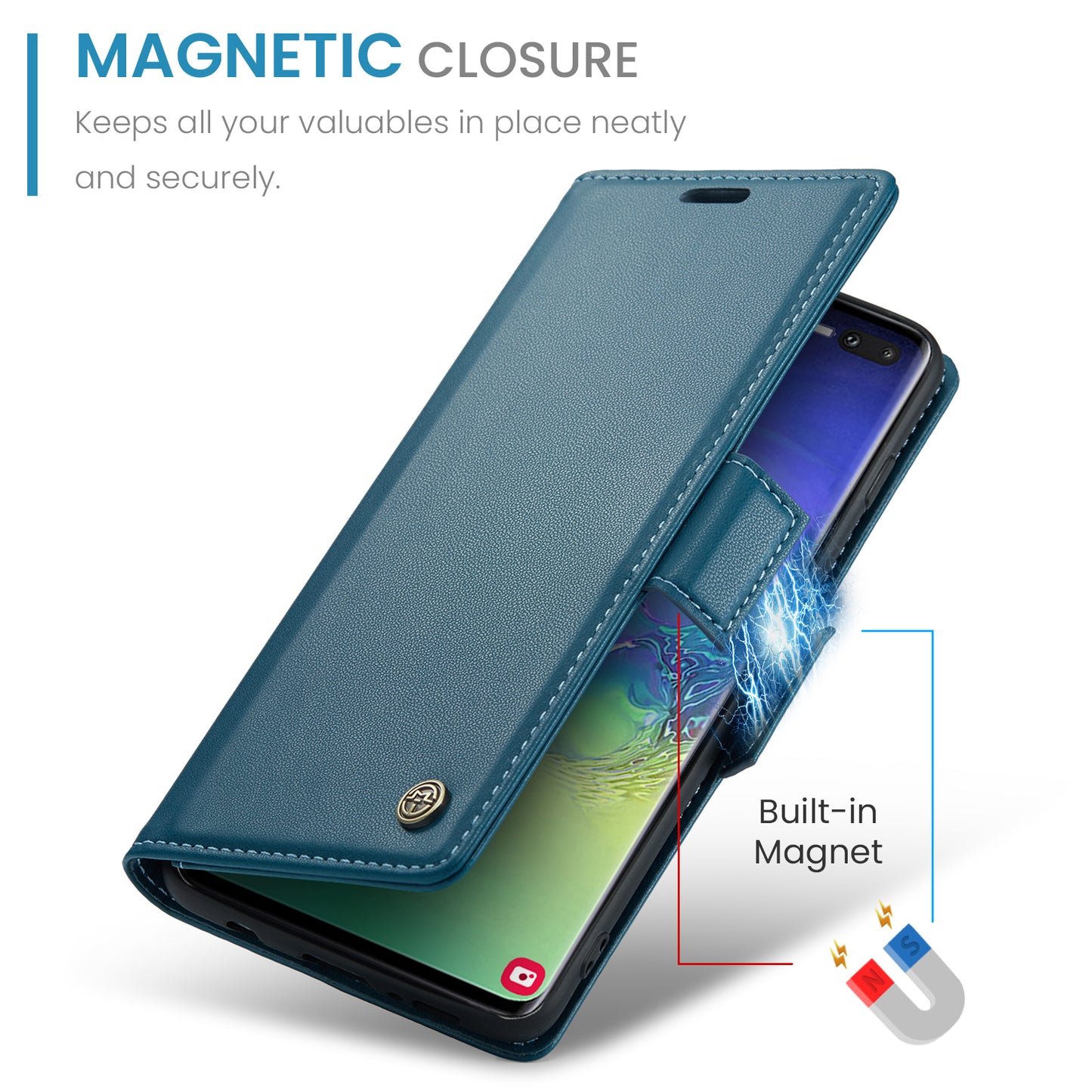 Caseme 023 Series For Samsung Galaxy S10 Plus RFID Blocking Leather Case Wallet Stand Phone Cover - Blue