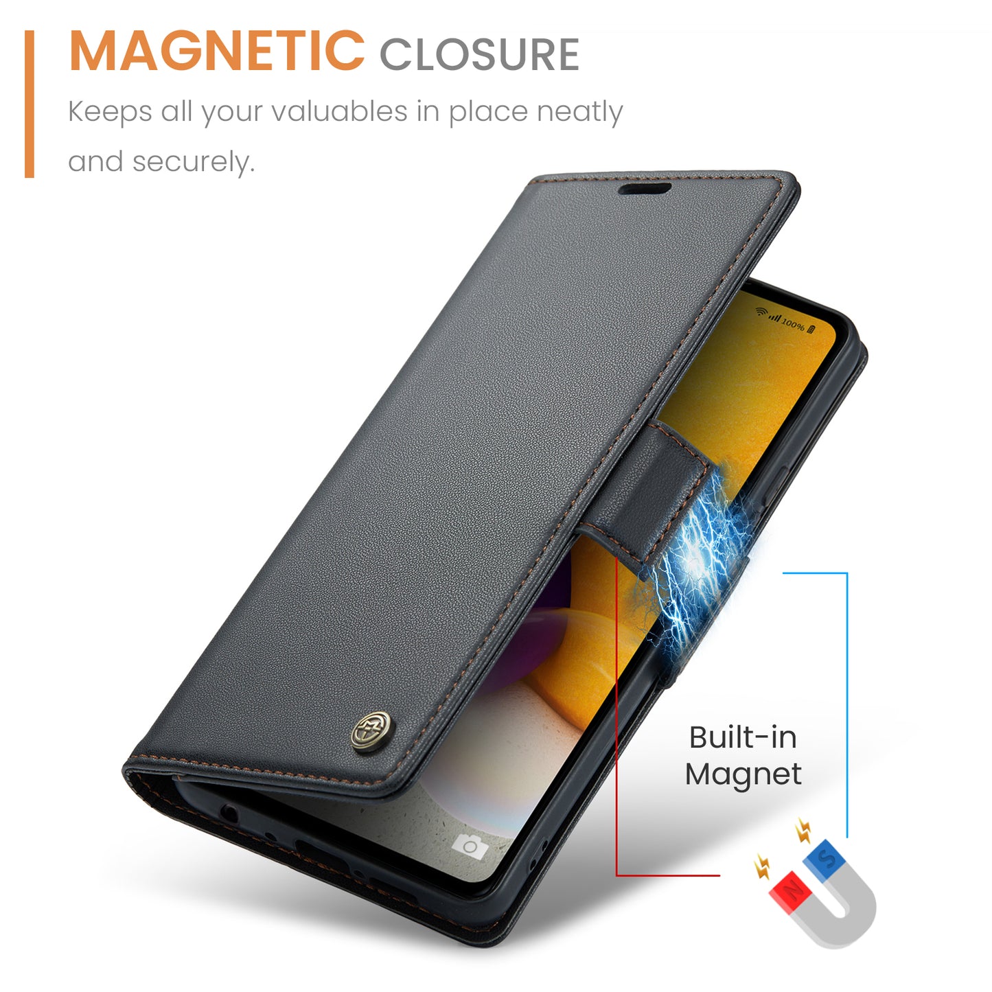 Caseme 023 Series For Samsung Galaxy A72 4G / 5G RFID Blocking Phone Leather Case Wallet Stand Cover - Black