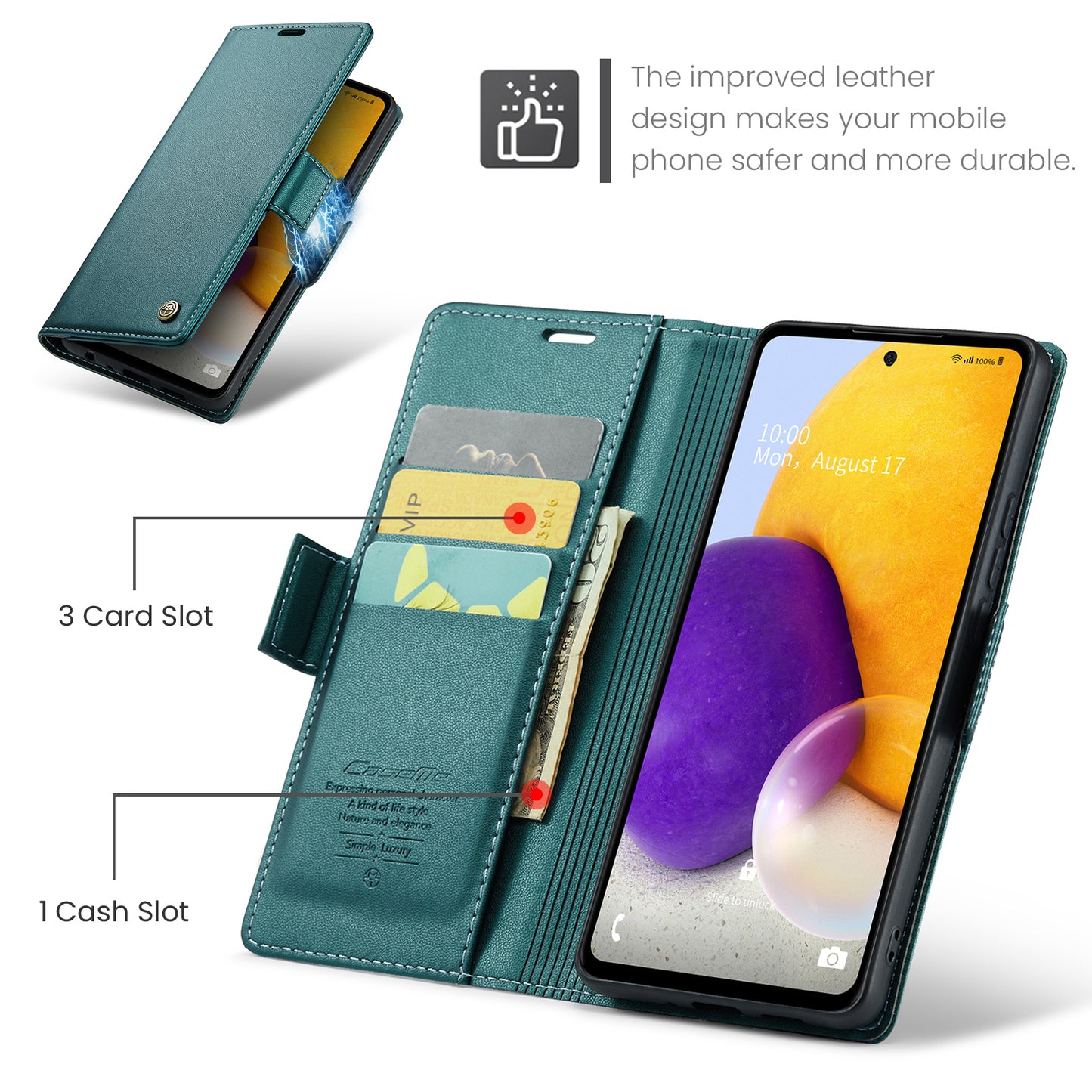 Caseme 023 Series For Samsung Galaxy A72 4G / 5G RFID Blocking Phone Leather Case Wallet Stand Cover - Green