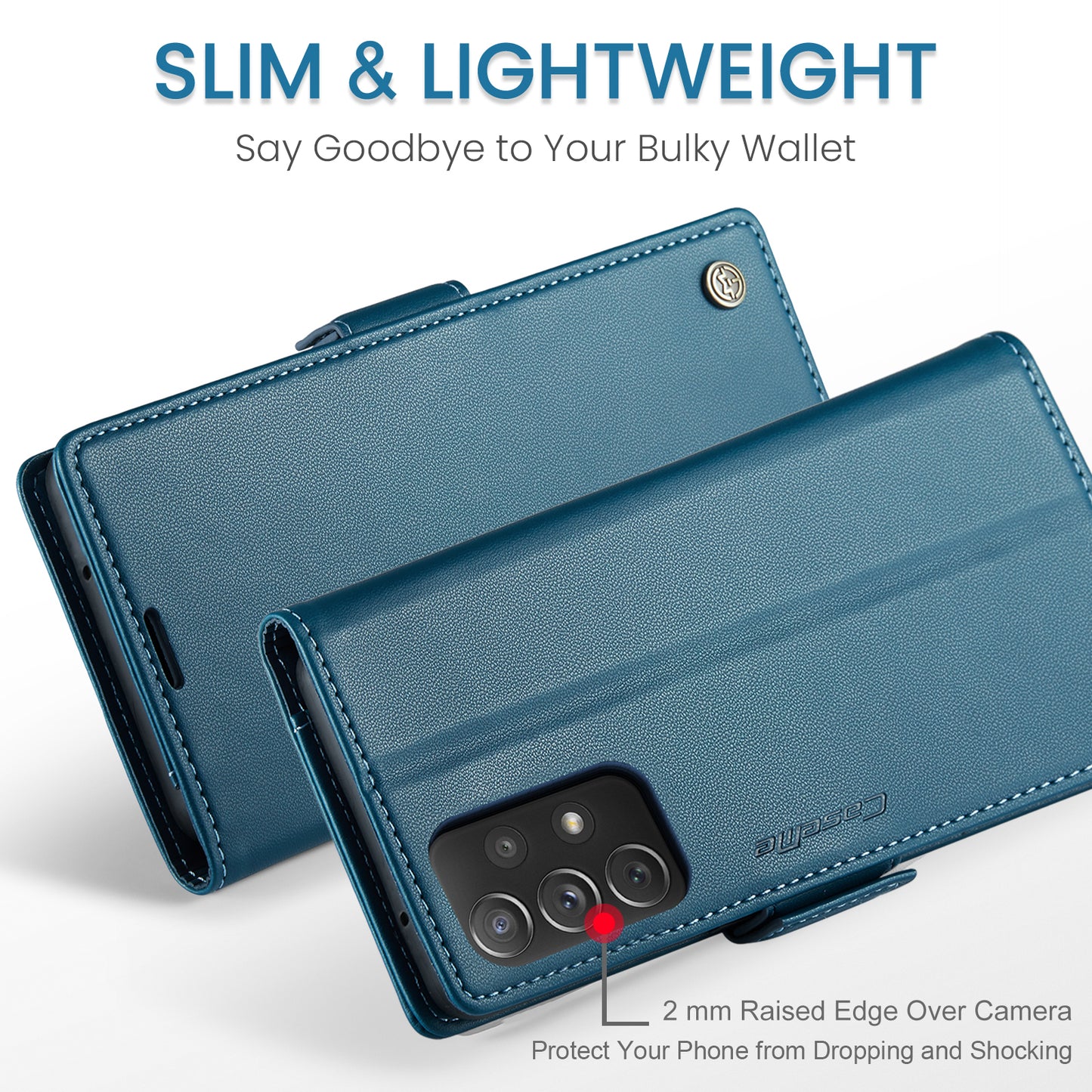 Caseme 023 Series For Samsung Galaxy A72 4G / 5G RFID Blocking Phone Leather Case Wallet Stand Cover - Blue
