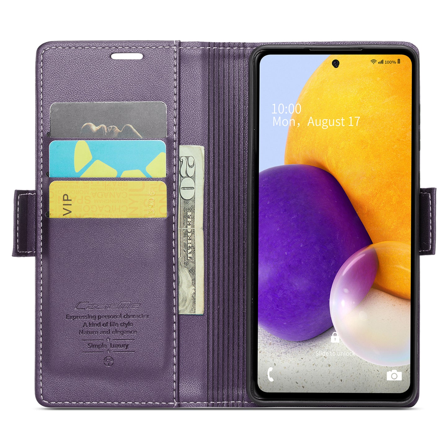 Caseme 023 Series For Samsung Galaxy A72 4G / 5G RFID Blocking Phone Leather Case Wallet Stand Cover - Purple