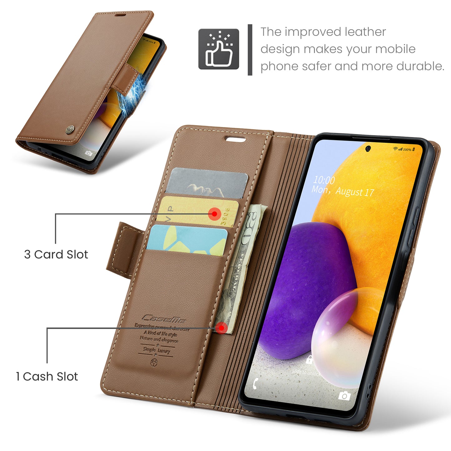 Caseme 023 Series For Samsung Galaxy A72 4G / 5G RFID Blocking Phone Leather Case Wallet Stand Cover - Brown