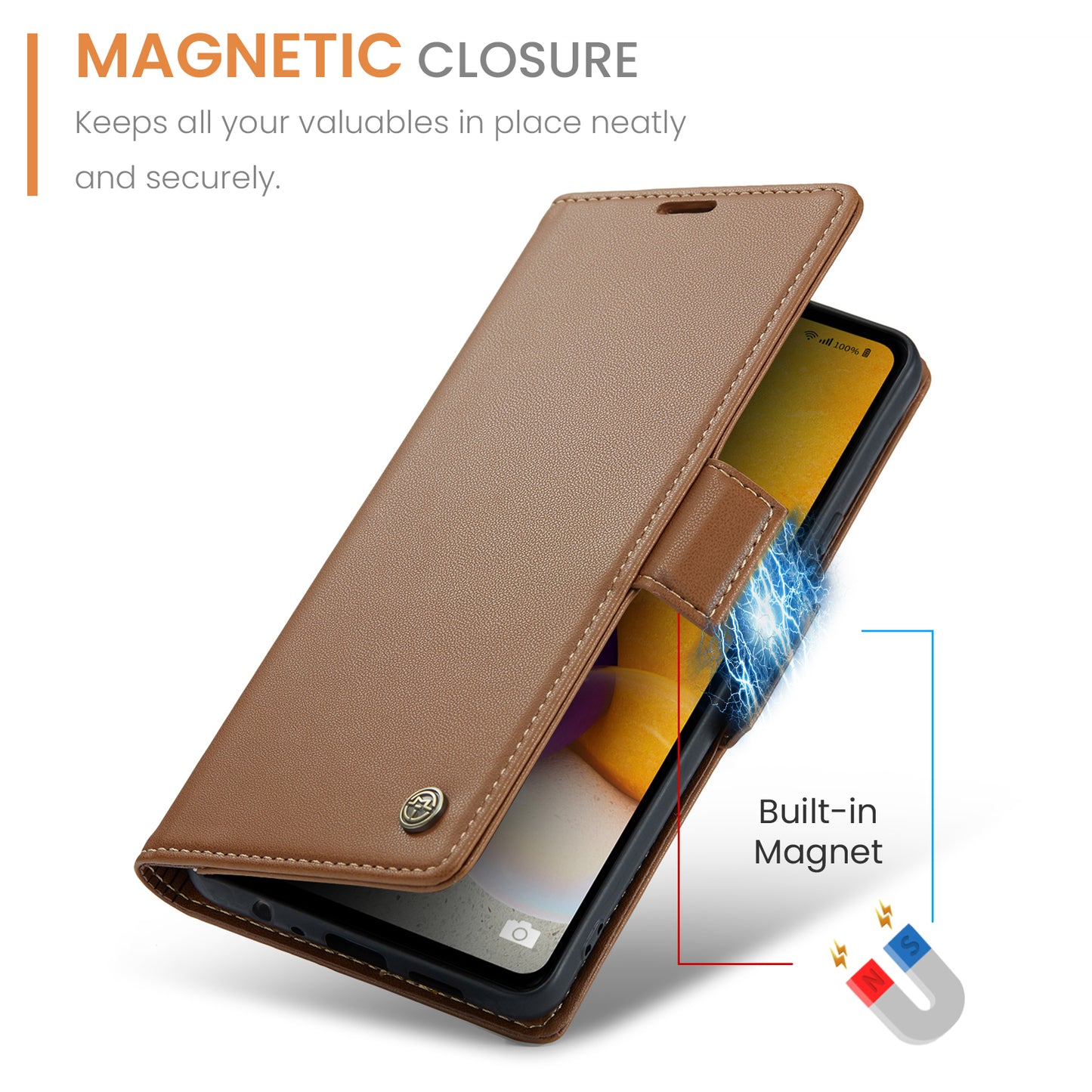 Caseme 023 Series For Samsung Galaxy A72 4G / 5G RFID Blocking Phone Leather Case Wallet Stand Cover - Brown