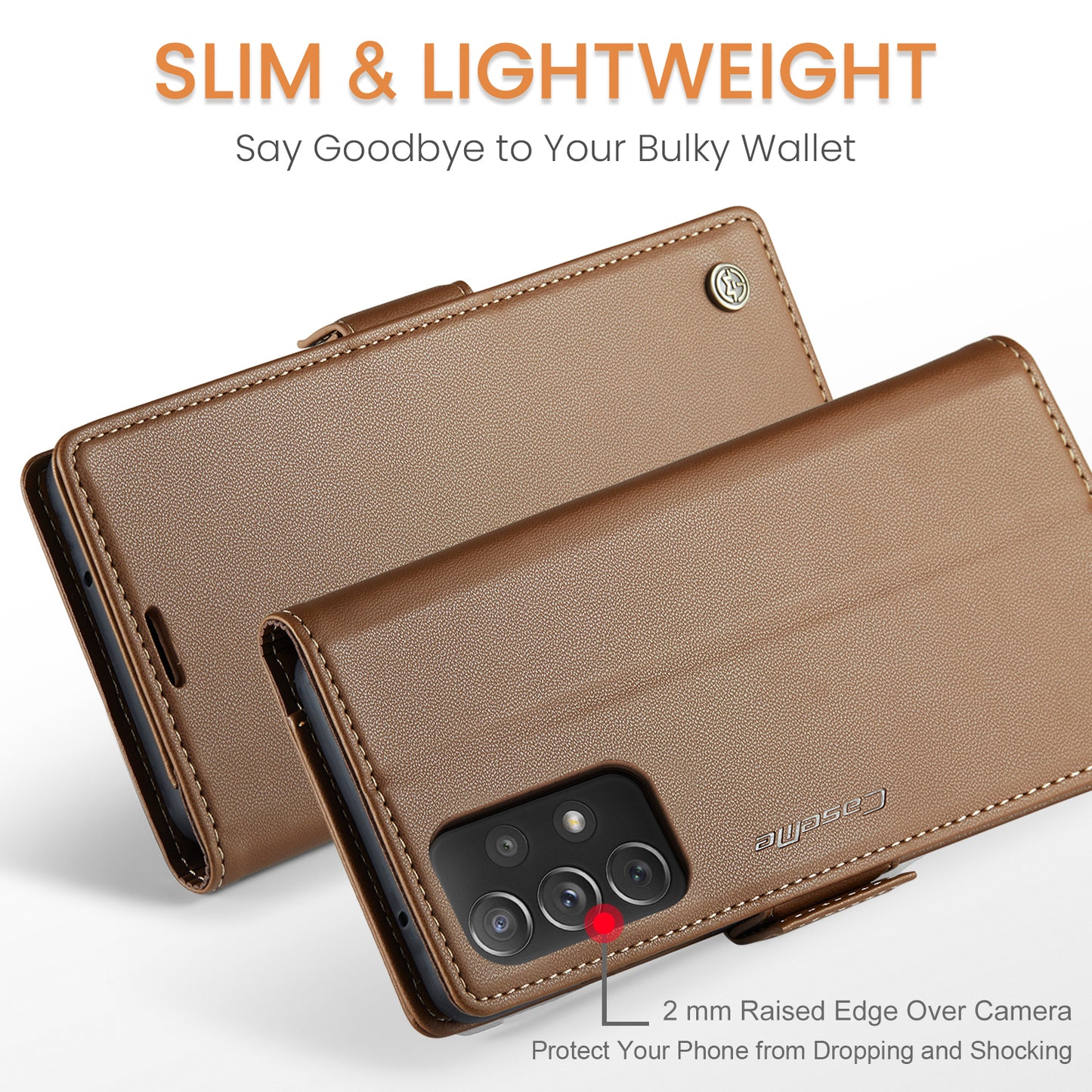 Caseme 023 Series For Samsung Galaxy A72 4G / 5G RFID Blocking Phone Leather Case Wallet Stand Cover - Brown