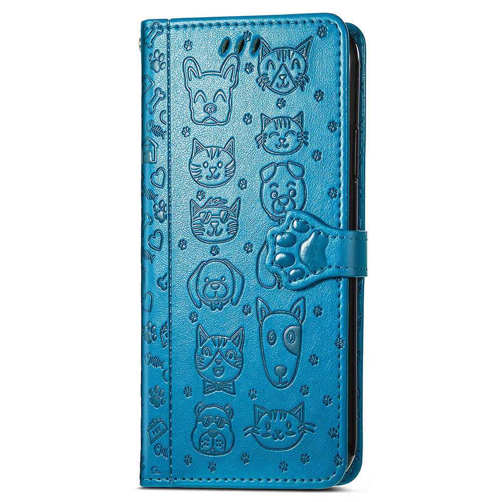 Uniqkart for Xiaomi Redmi 12 4G PU Leather Imprinted Cat Dog Case Flip Stand Wallet Phone Cover - Blue