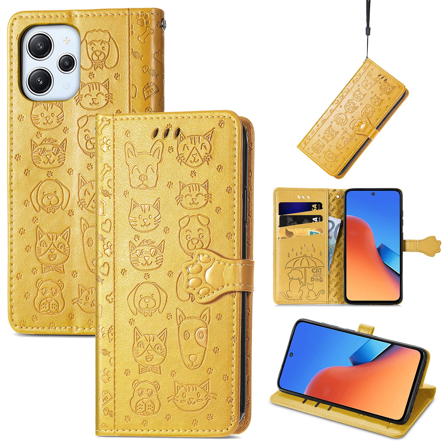 Uniqkart for Xiaomi Redmi 12 4G PU Leather Imprinted Cat Dog Case Flip Stand Wallet Phone Cover - Yellow