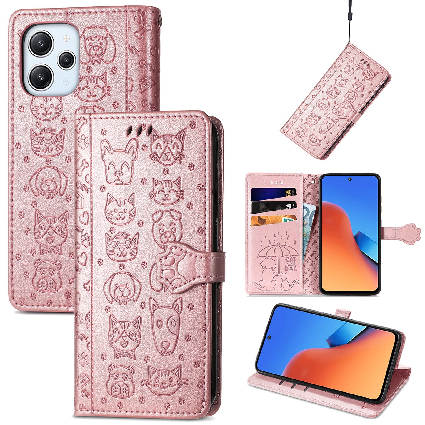 Uniqkart for Xiaomi Redmi 12 4G PU Leather Imprinted Cat Dog Case Flip Stand Wallet Phone Cover - Rose Gold