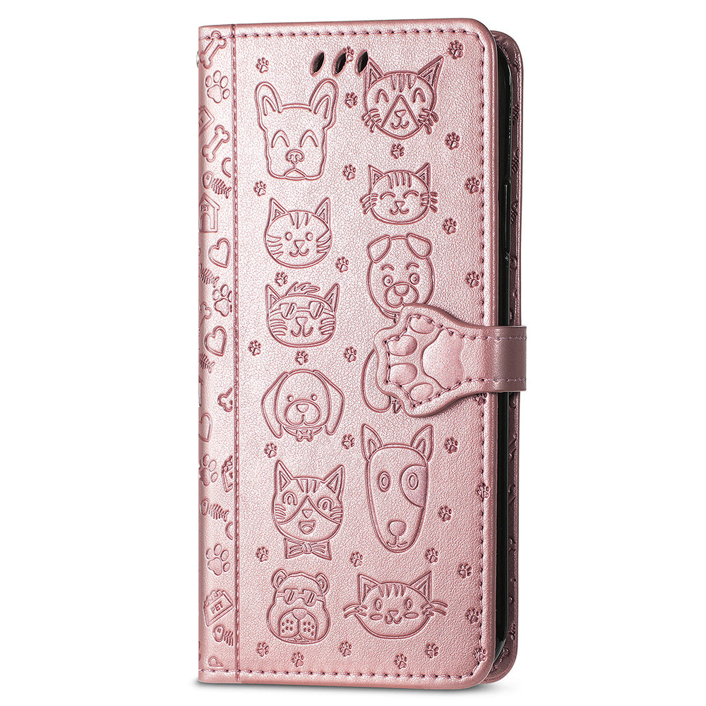 Uniqkart for Xiaomi Redmi 12 4G PU Leather Imprinted Cat Dog Case Flip Stand Wallet Phone Cover - Rose Gold