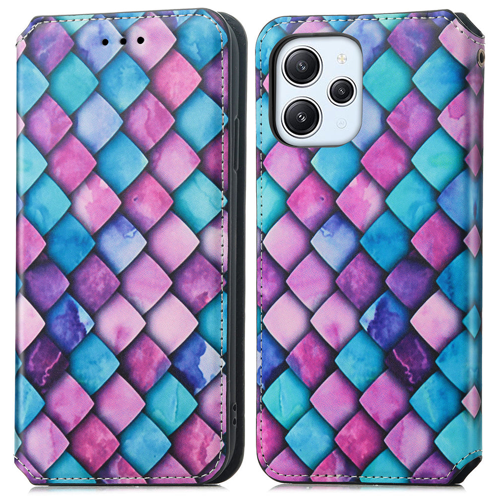 Caseneo 001 Series for Xiaomi Redmi 12 4G Pattern Printing Leather Case RFID Blocking Wallet Phone Cover - Purple Scale