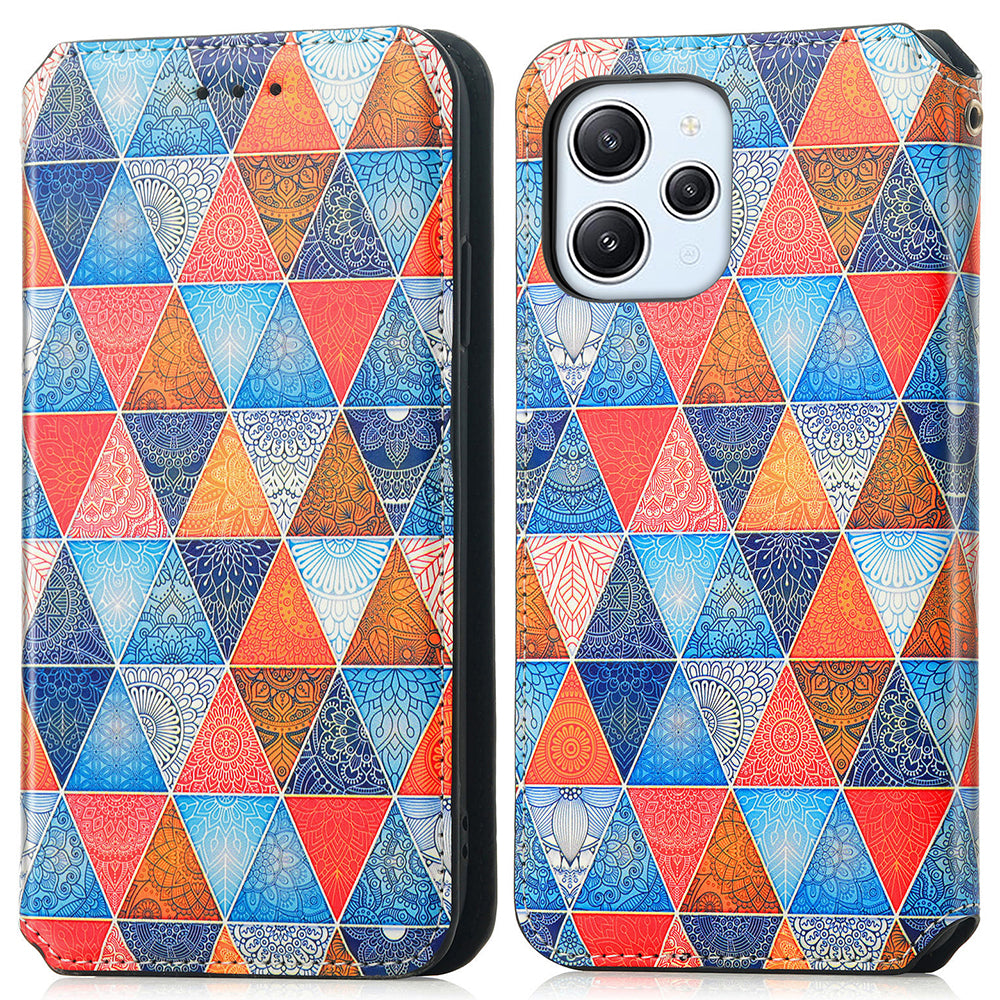 Caseneo 001 Series for Xiaomi Redmi 12 4G Pattern Printing Leather Case RFID Blocking Wallet Phone Cover - Rhombus / Mandala