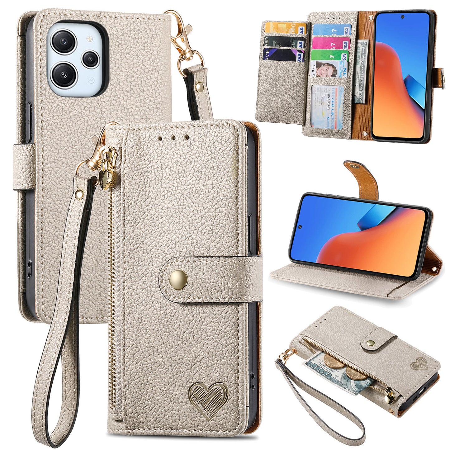 Zipper Pocket Phone Case for Xiaomi Redmi 12 4G , RFID Blocking PU Leather Wallet Stand Cover - Grey