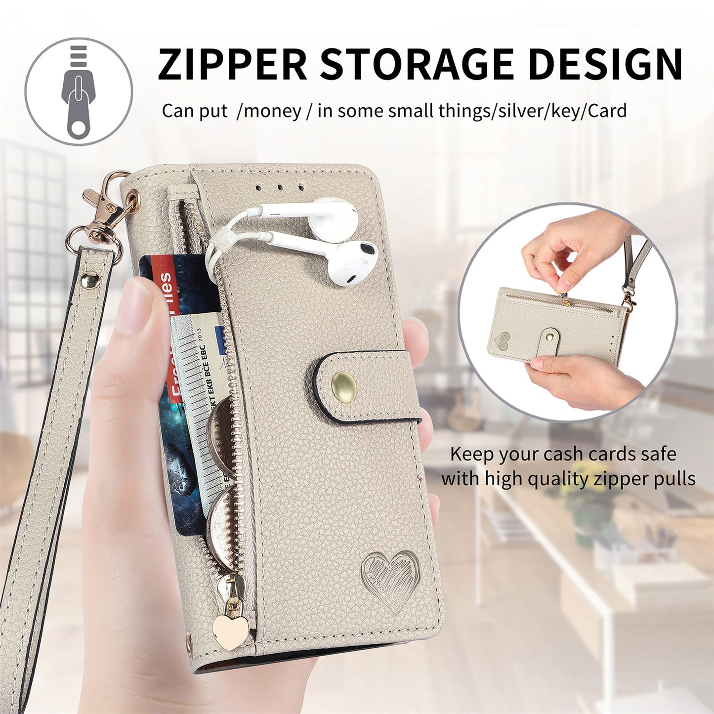 Zipper Pocket Phone Case for Xiaomi Redmi 12 4G , RFID Blocking PU Leather Wallet Stand Cover - Grey