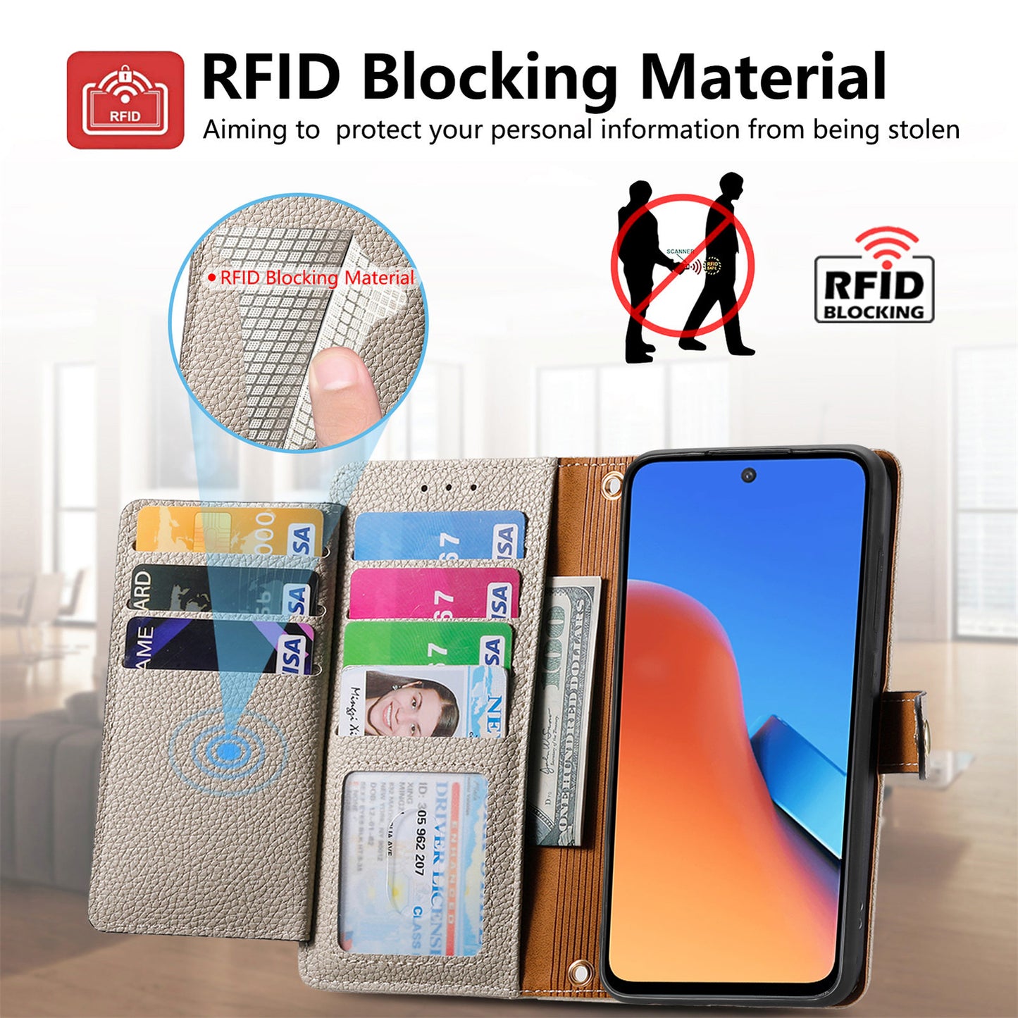 Zipper Pocket Phone Case for Xiaomi Redmi 12 4G , RFID Blocking PU Leather Wallet Stand Cover - Grey