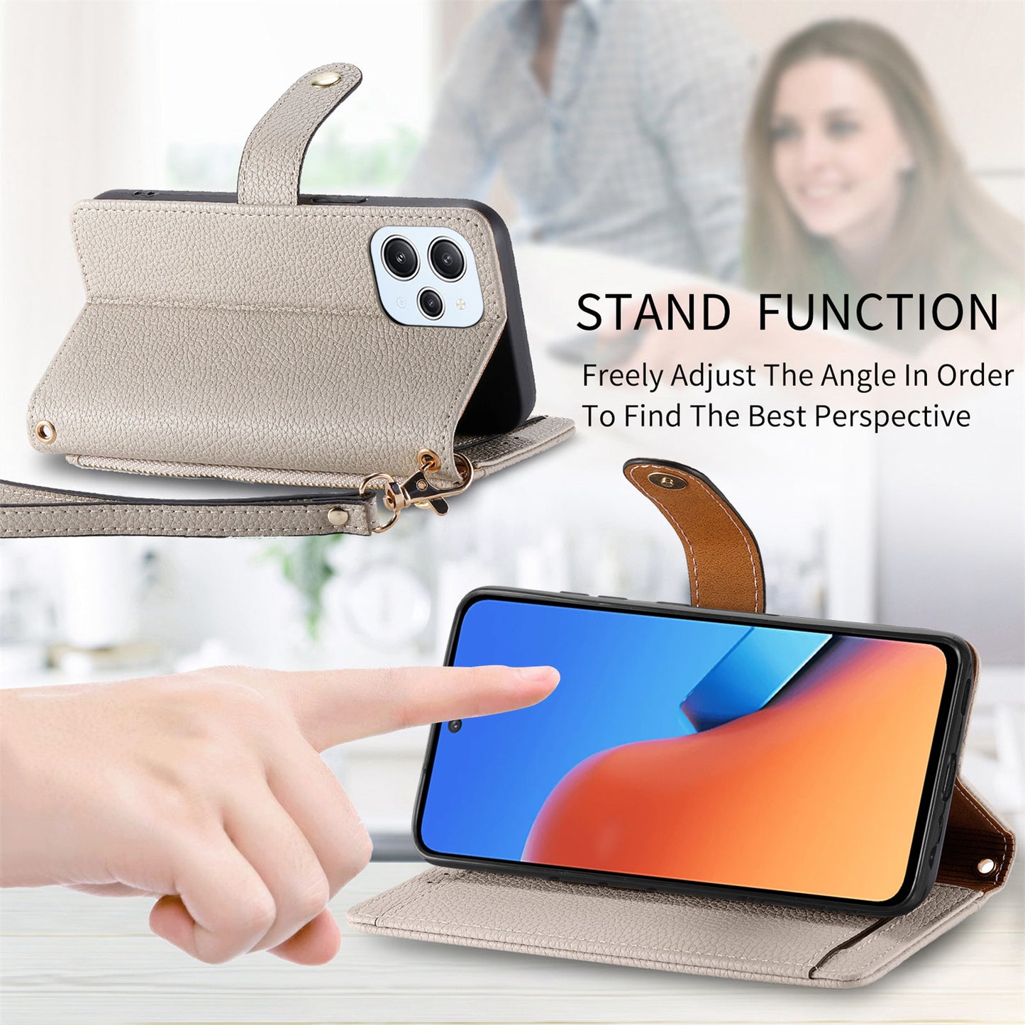 Zipper Pocket Phone Case for Xiaomi Redmi 12 4G , RFID Blocking PU Leather Wallet Stand Cover - Grey