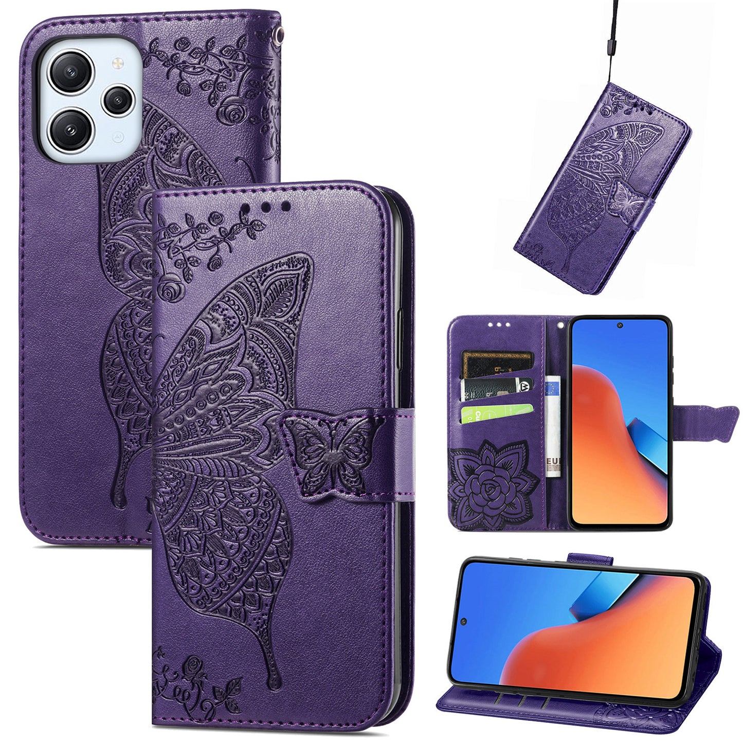 Uniqkart for Xiaomi Redmi 12 4G PU Leather Wallet Case Butterfly Imprinted Phone Cover with Stand - Purple