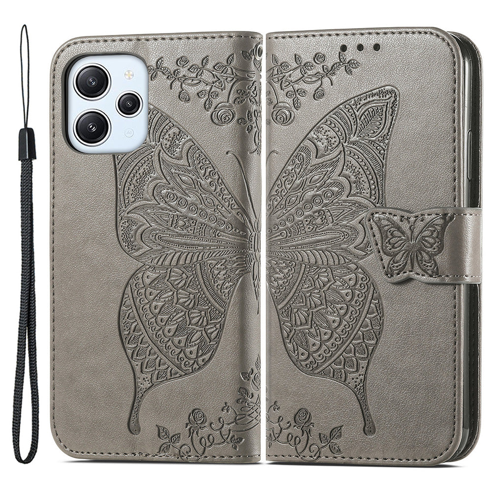 Uniqkart for Xiaomi Redmi 12 4G PU Leather Wallet Case Butterfly Imprinted Phone Cover with Stand - Grey