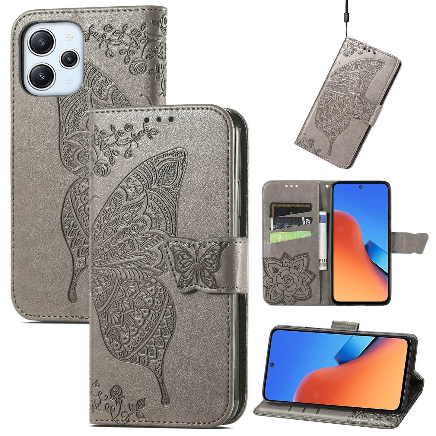 Uniqkart for Xiaomi Redmi 12 4G PU Leather Wallet Case Butterfly Imprinted Phone Cover with Stand - Grey