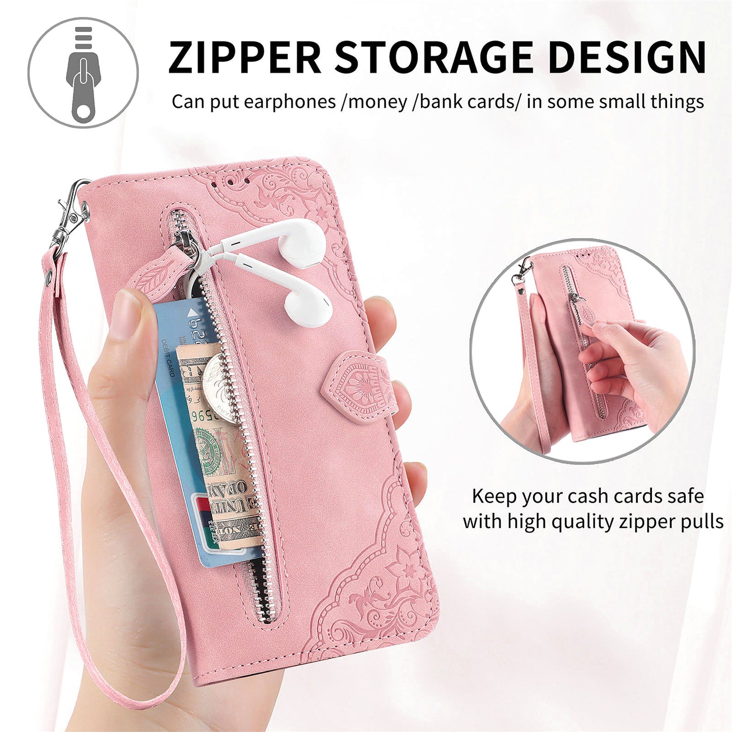 Uniqkart for Xiaomi Redmi 12 4G Zipper Pocket Stand Phone Case PU Leather Wallet Flower Imprinted Cover - Pink