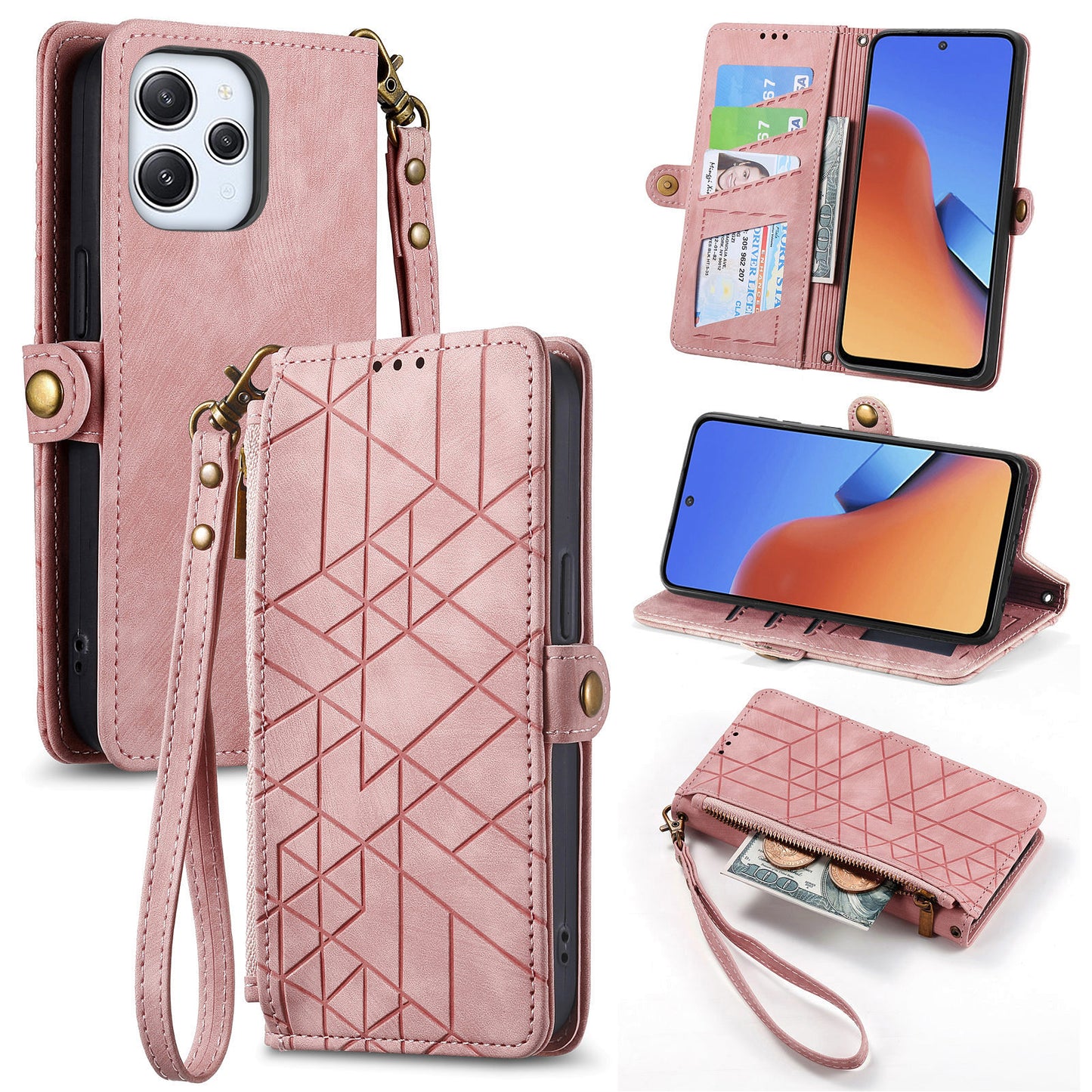 Uniqkart for Xiaomi Redmi 12 4G Zipper Pocket Wallet Stand Leather Case Geometry Imprinted Phone Cover with Strap - Pink