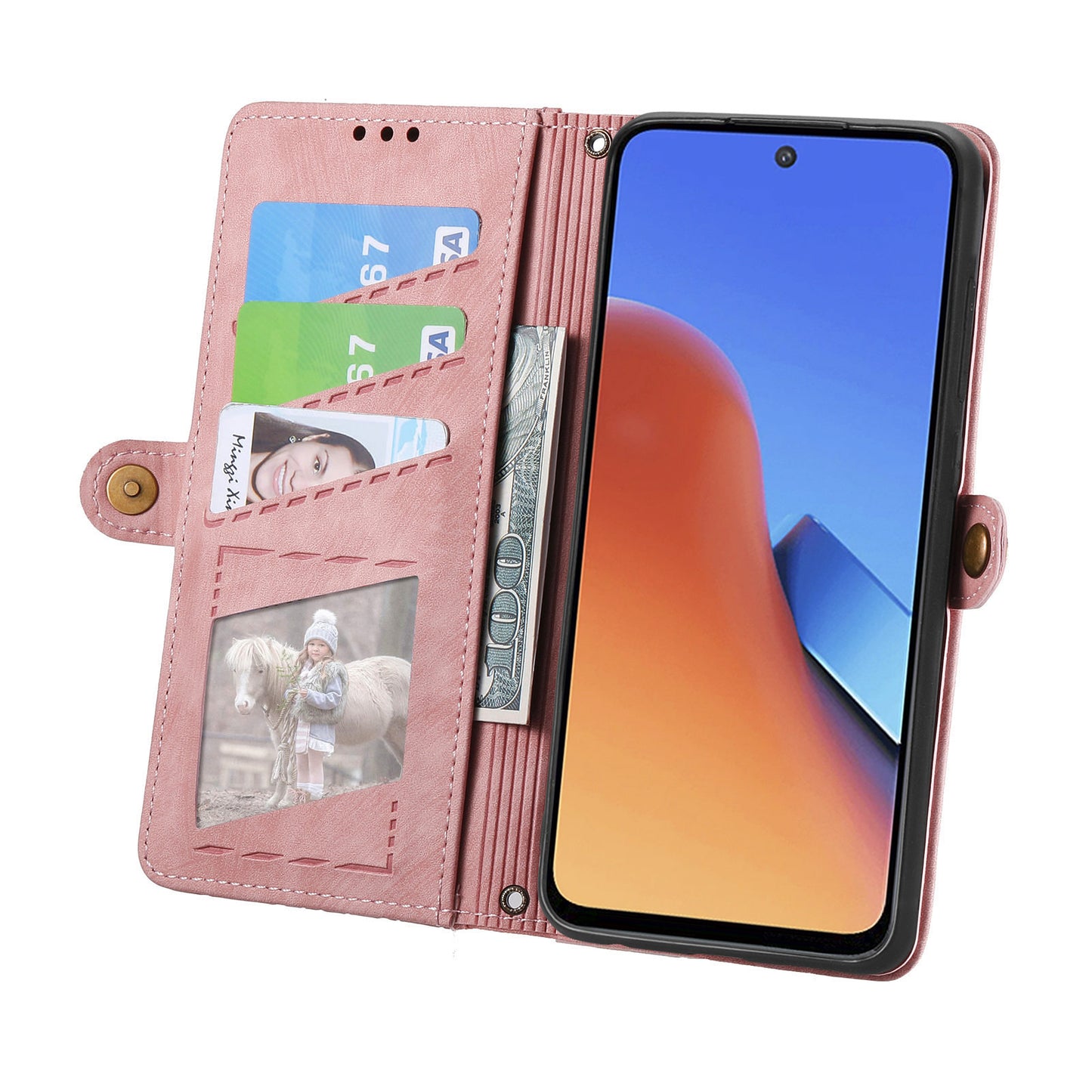 Uniqkart for Xiaomi Redmi 12 4G Zipper Pocket Wallet Stand Leather Case Geometry Imprinted Phone Cover with Strap - Pink