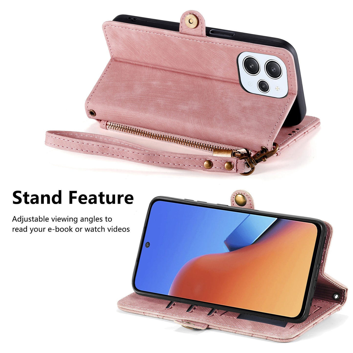 Uniqkart for Xiaomi Redmi 12 4G Zipper Pocket Wallet Stand Leather Case Geometry Imprinted Phone Cover with Strap - Pink