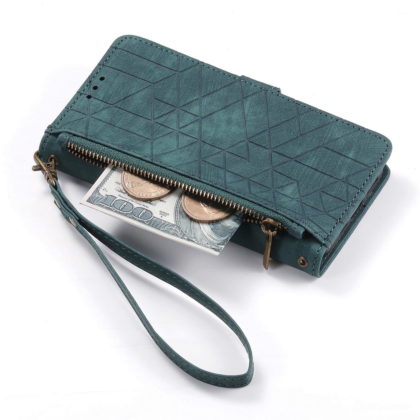 Uniqkart for Xiaomi Redmi 12 4G Zipper Pocket Wallet Stand Leather Case Geometry Imprinted Phone Cover with Strap - Green