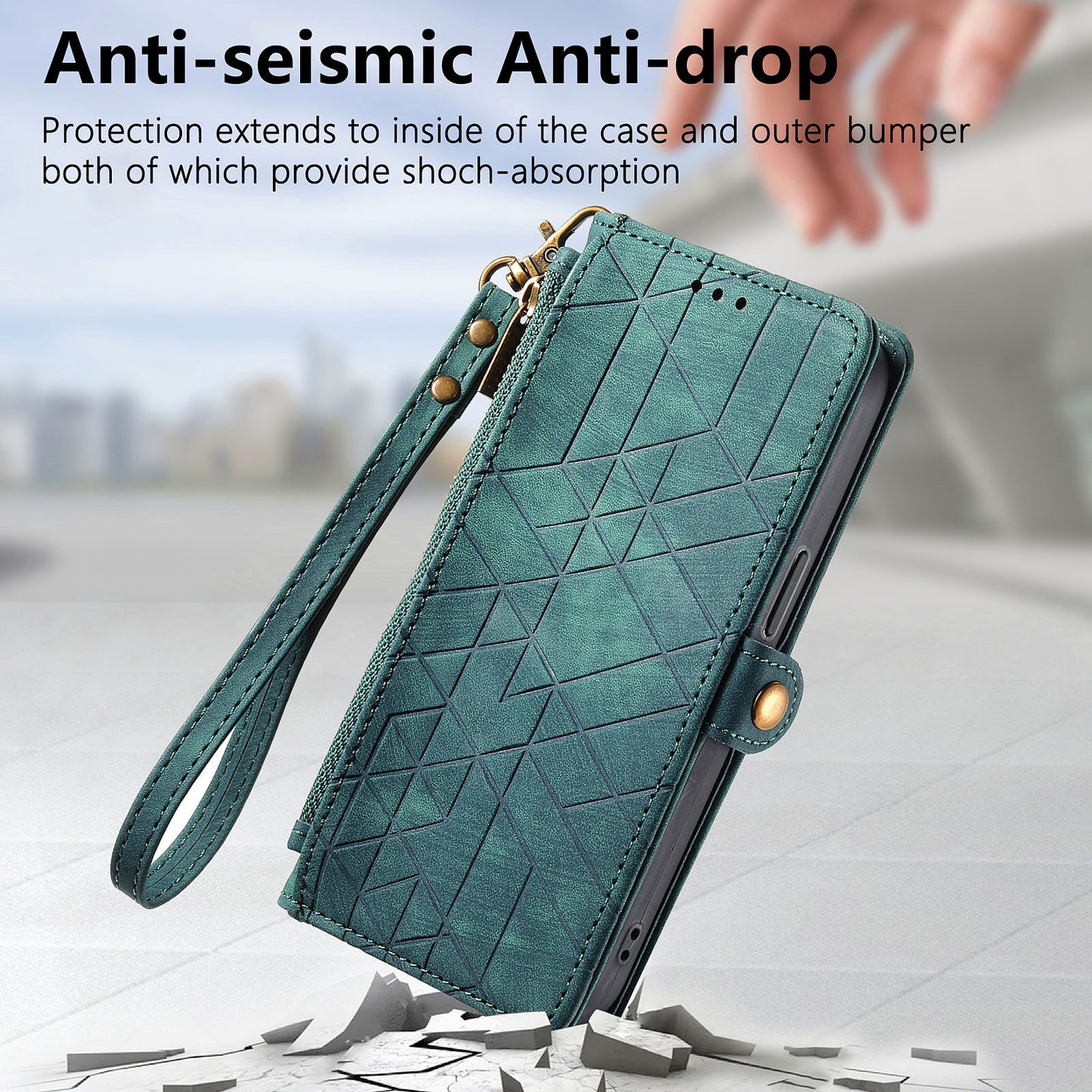 Uniqkart for Xiaomi Redmi 12 4G Zipper Pocket Wallet Stand Leather Case Geometry Imprinted Phone Cover with Strap - Green