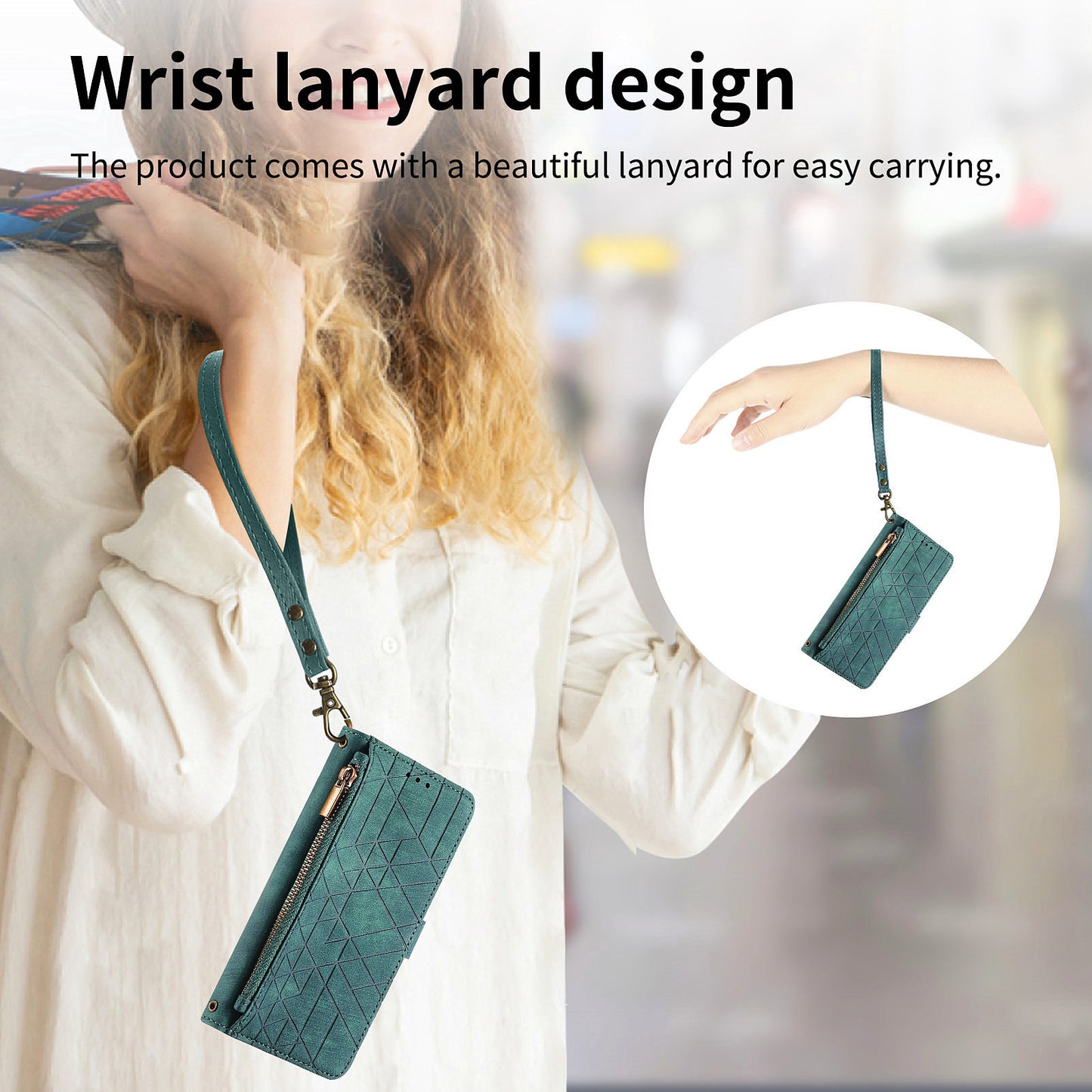 Uniqkart for Xiaomi Redmi 12 4G Zipper Pocket Wallet Stand Leather Case Geometry Imprinted Phone Cover with Strap - Green