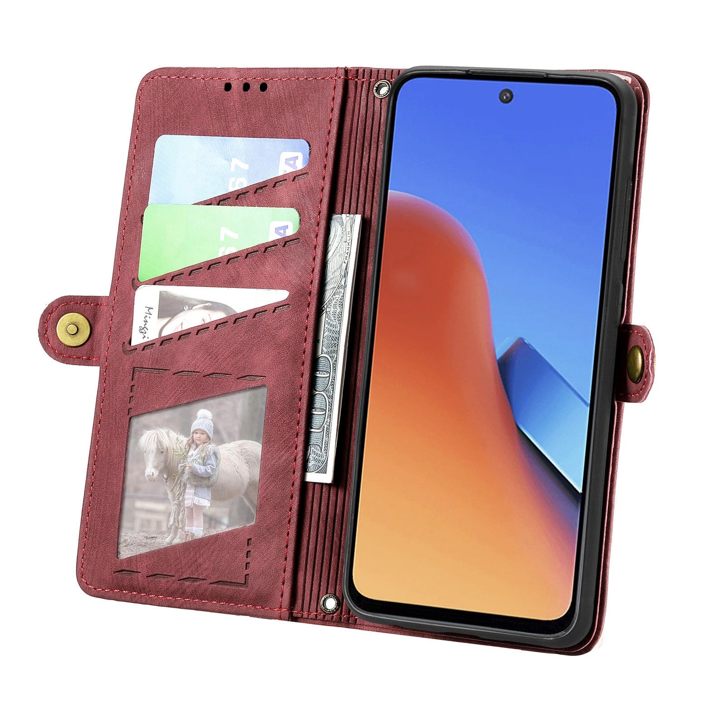 Uniqkart for Xiaomi Redmi 12 4G Zipper Pocket Wallet Stand Leather Case Geometry Imprinted Phone Cover with Strap - Red
