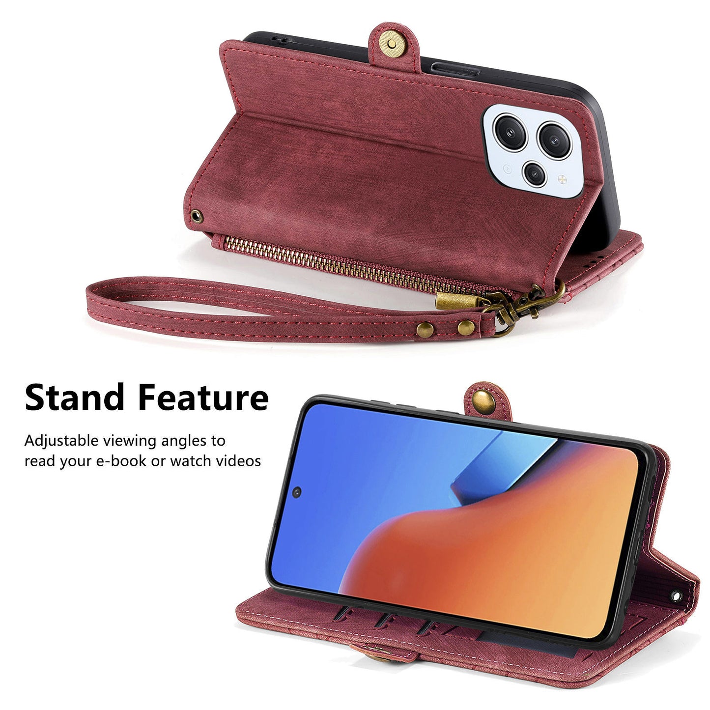 Uniqkart for Xiaomi Redmi 12 4G Zipper Pocket Wallet Stand Leather Case Geometry Imprinted Phone Cover with Strap - Red