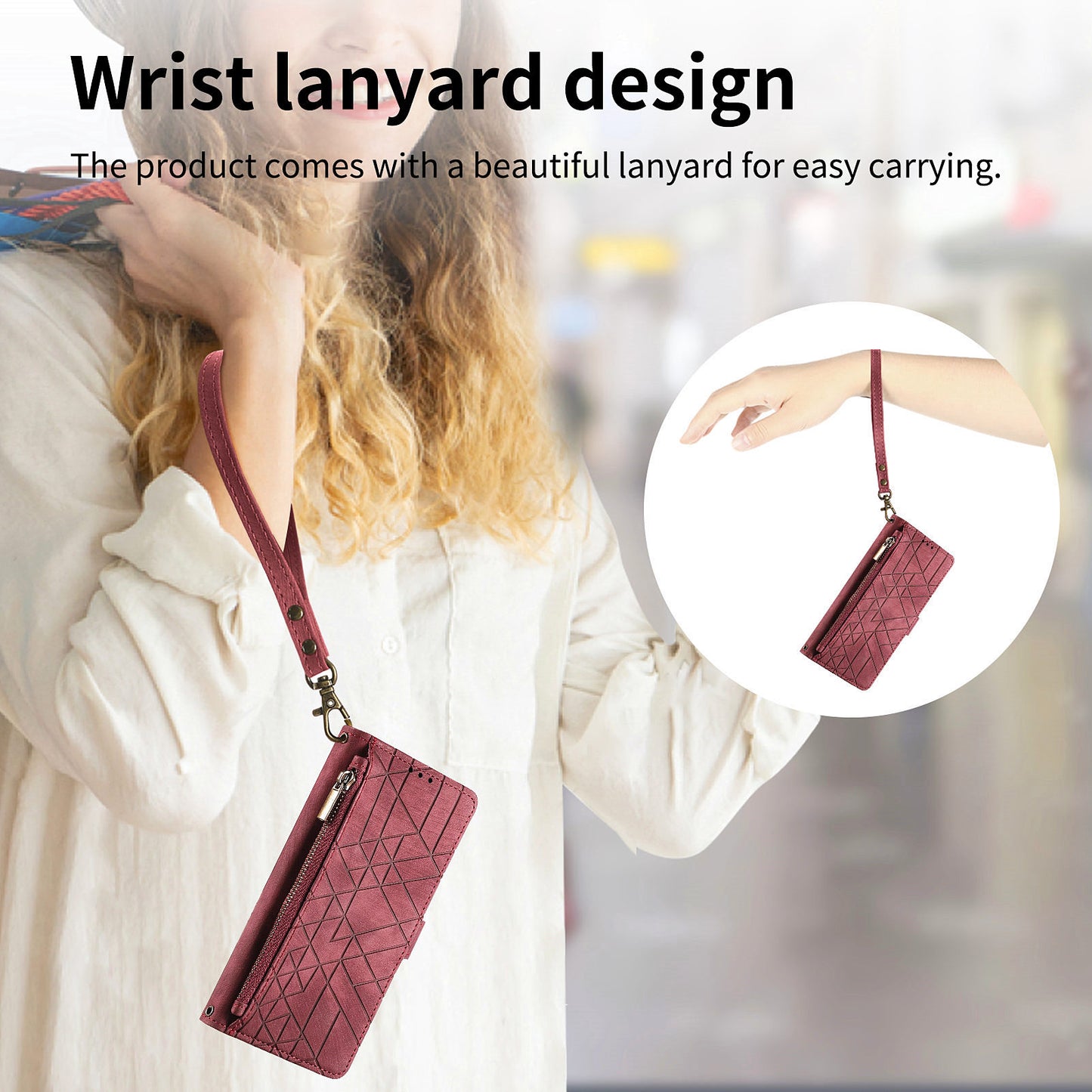 Uniqkart for Xiaomi Redmi 12 4G Zipper Pocket Wallet Stand Leather Case Geometry Imprinted Phone Cover with Strap - Red