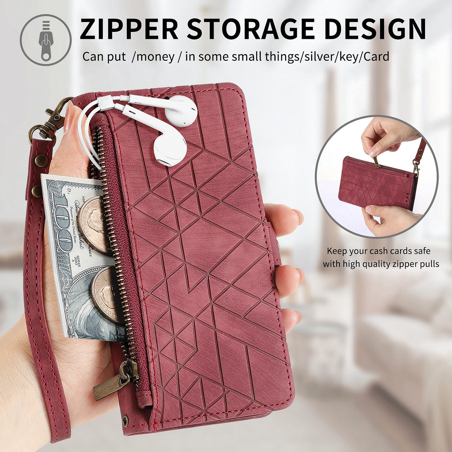 Uniqkart for Xiaomi Redmi 12 4G Zipper Pocket Wallet Stand Leather Case Geometry Imprinted Phone Cover with Strap - Red