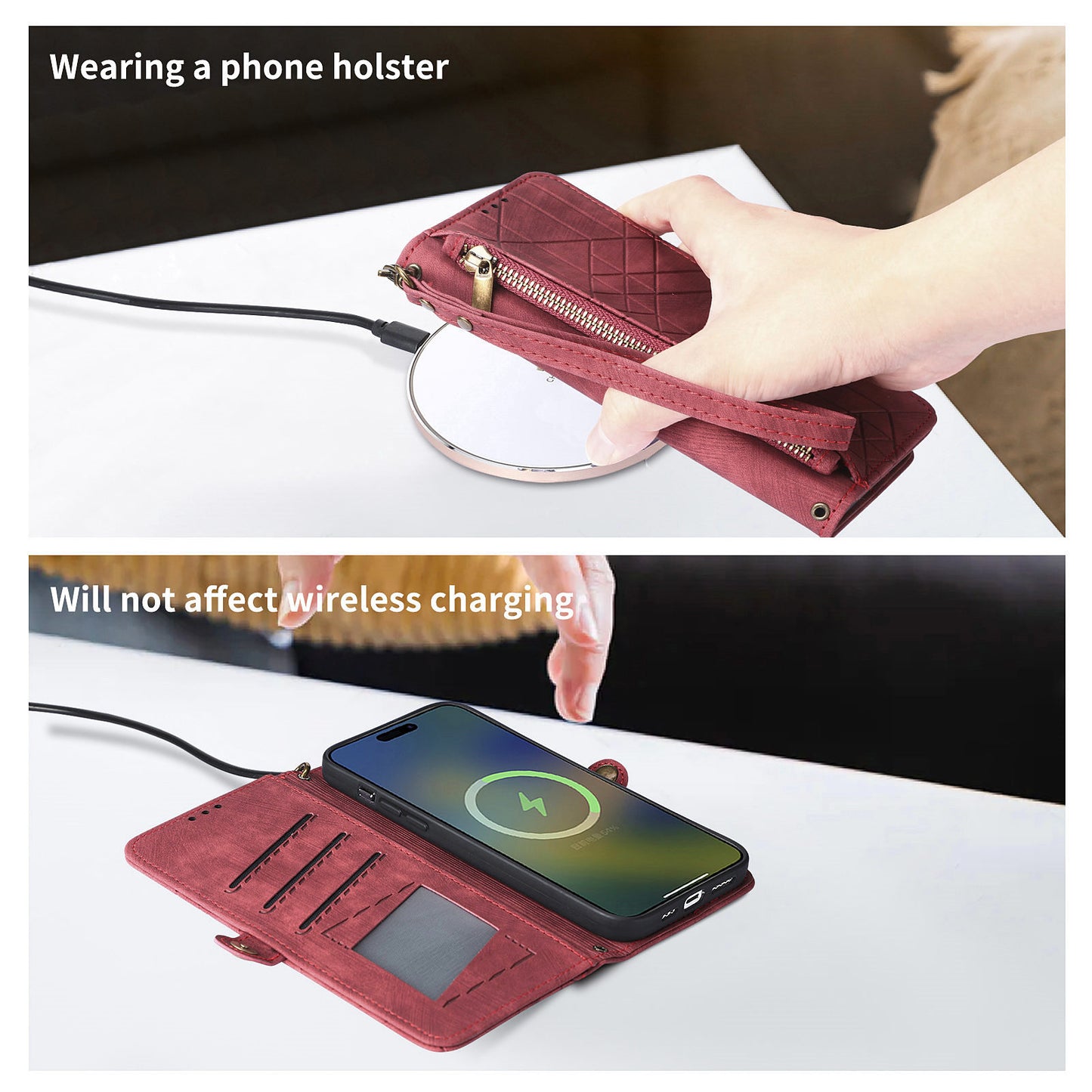 Uniqkart for Xiaomi Redmi 12 4G Zipper Pocket Wallet Stand Leather Case Geometry Imprinted Phone Cover with Strap - Red