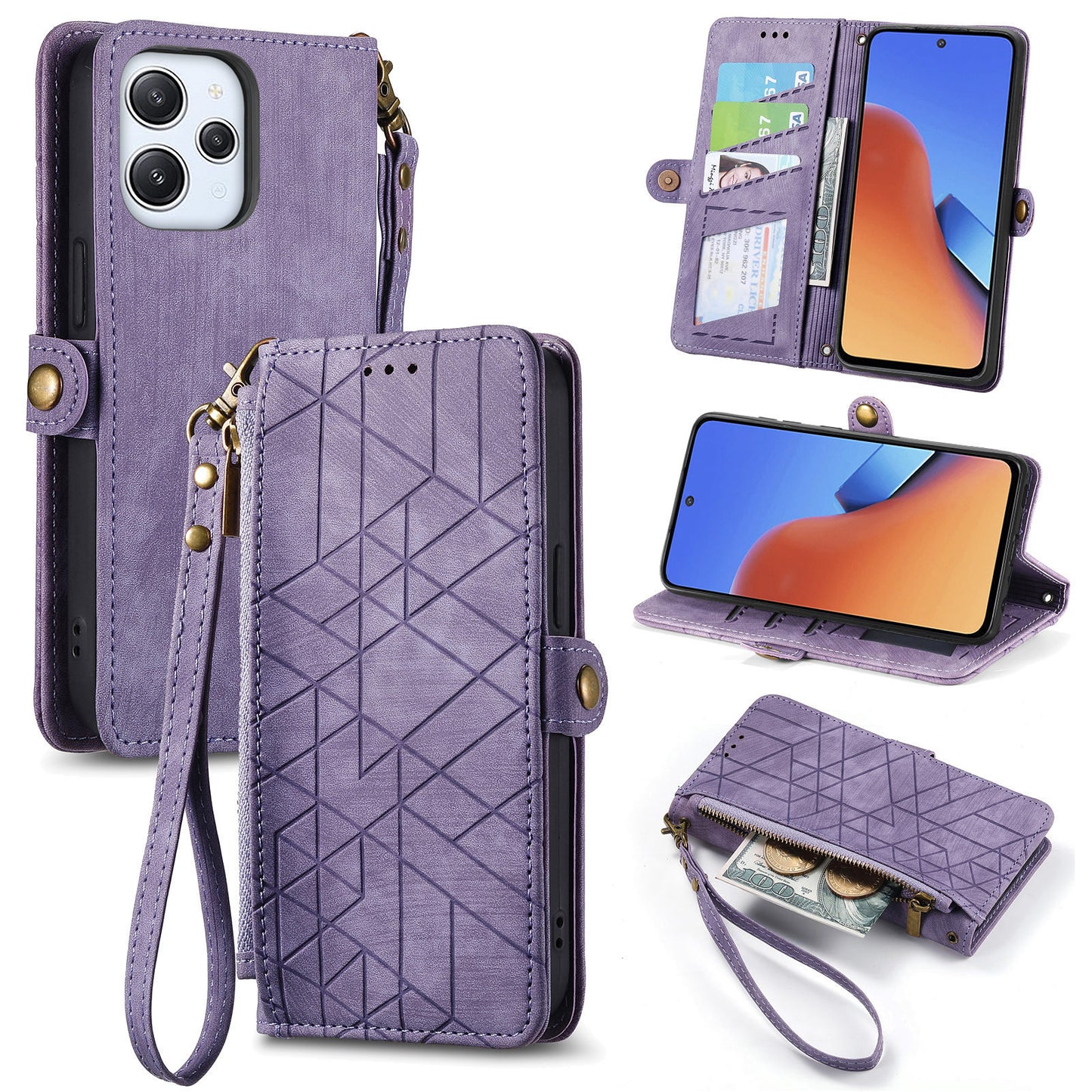 Uniqkart for Xiaomi Redmi 12 4G Zipper Pocket Wallet Stand Leather Case Geometry Imprinted Phone Cover with Strap - Purple