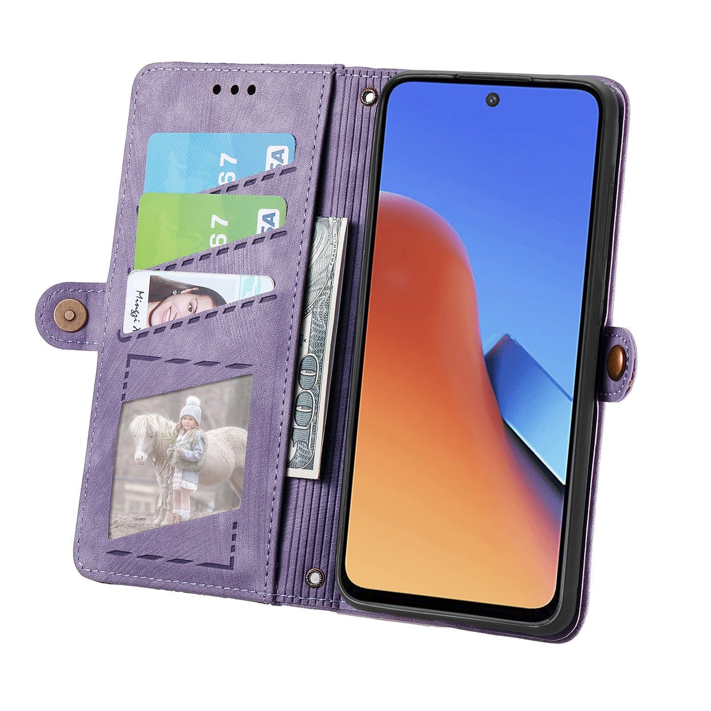 Uniqkart for Xiaomi Redmi 12 4G Zipper Pocket Wallet Stand Leather Case Geometry Imprinted Phone Cover with Strap - Purple