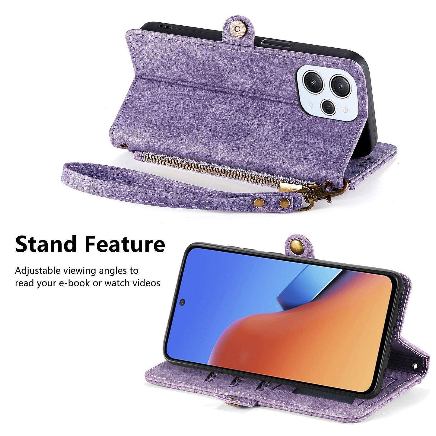 Uniqkart for Xiaomi Redmi 12 4G Zipper Pocket Wallet Stand Leather Case Geometry Imprinted Phone Cover with Strap - Purple
