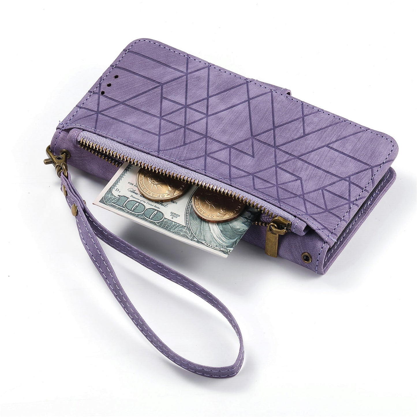 Uniqkart for Xiaomi Redmi 12 4G Zipper Pocket Wallet Stand Leather Case Geometry Imprinted Phone Cover with Strap - Purple