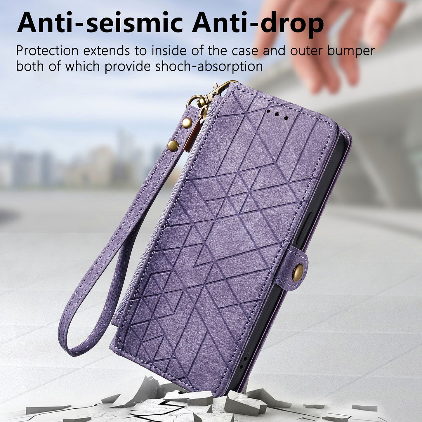 Uniqkart for Xiaomi Redmi 12 4G Zipper Pocket Wallet Stand Leather Case Geometry Imprinted Phone Cover with Strap - Purple