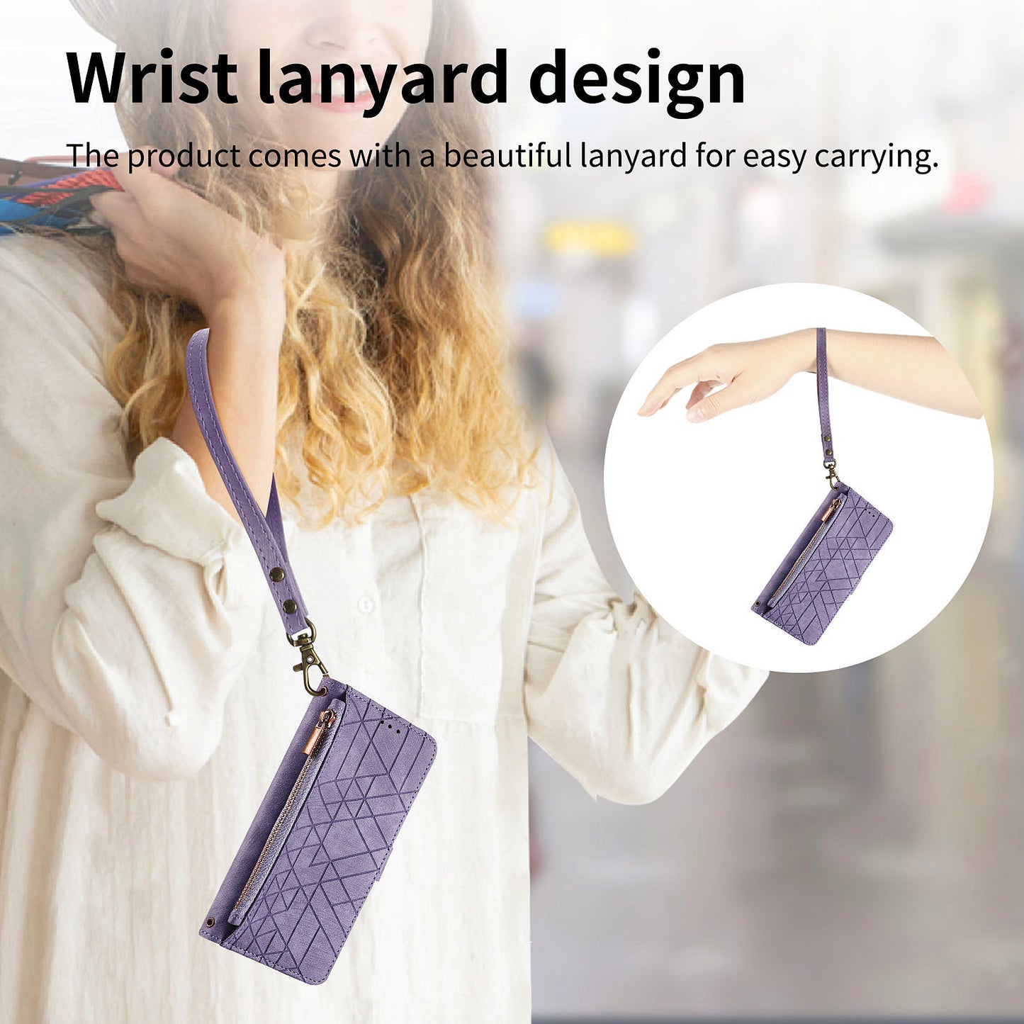 Uniqkart for Xiaomi Redmi 12 4G Zipper Pocket Wallet Stand Leather Case Geometry Imprinted Phone Cover with Strap - Purple