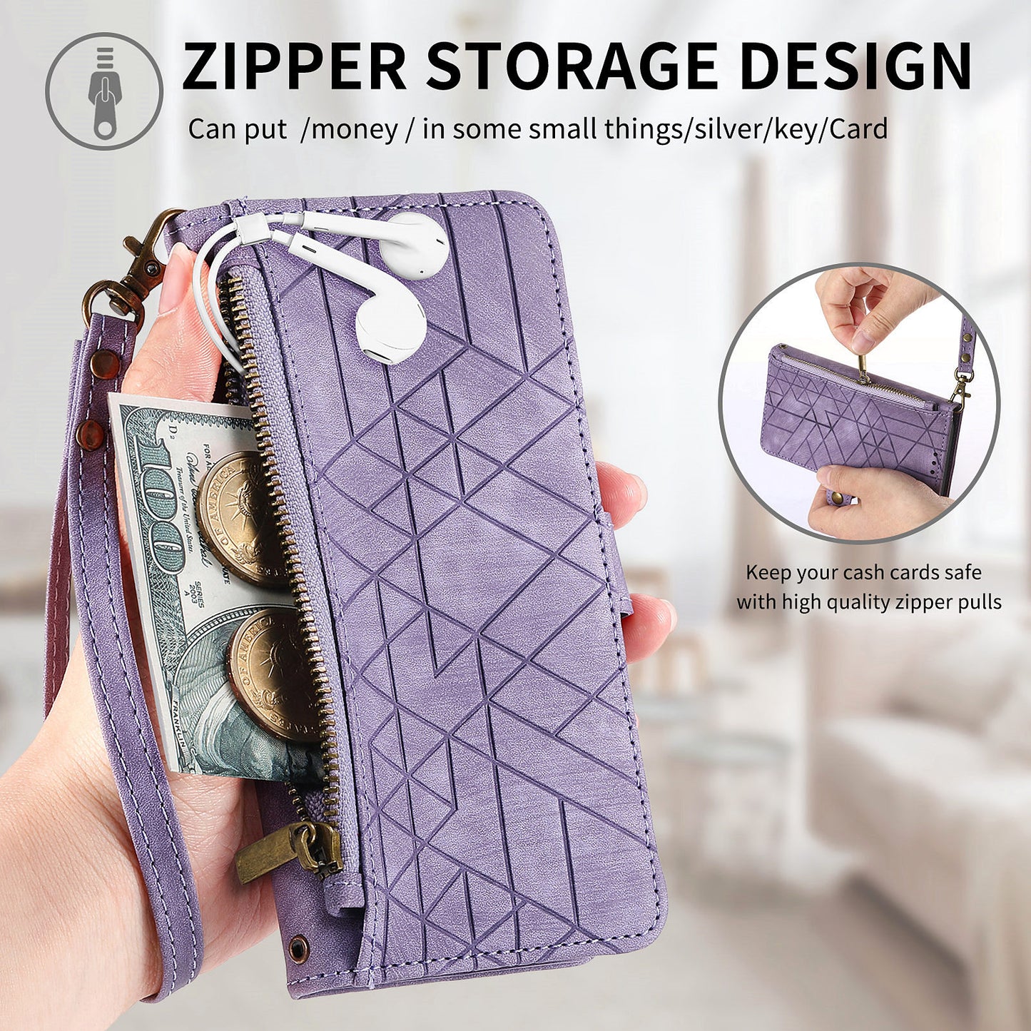 Uniqkart for Xiaomi Redmi 12 4G Zipper Pocket Wallet Stand Leather Case Geometry Imprinted Phone Cover with Strap - Purple